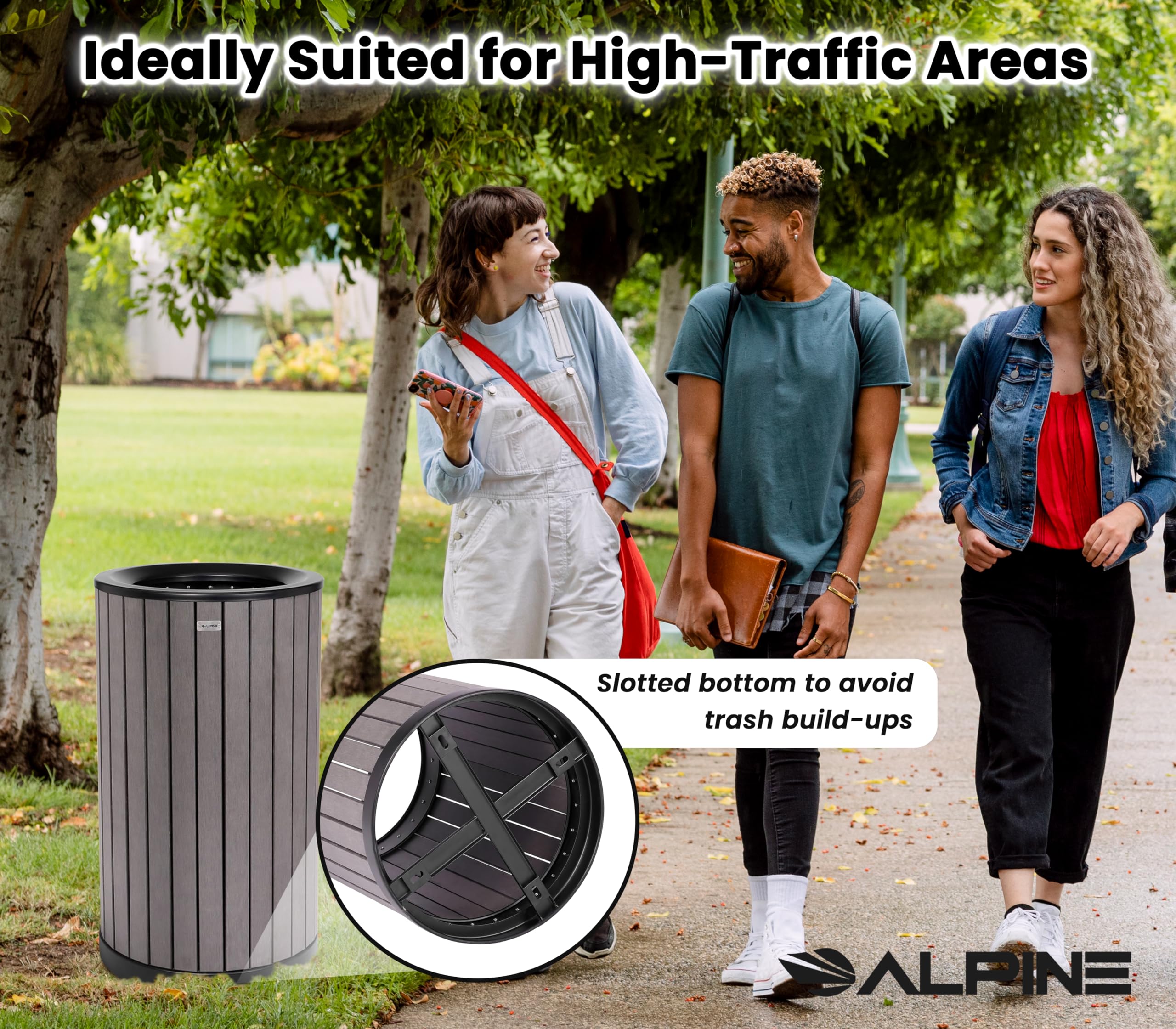 32 Gallon Heavy Duty Commercial Outdoor Trash Can - Durable Industrial Garbage Bin with Plastic Panels for Patio, Parks, Trails & Resorts - Flat Lid Grey - Perfect for High Traffic Areas, Campgrounds & Public Spaces
