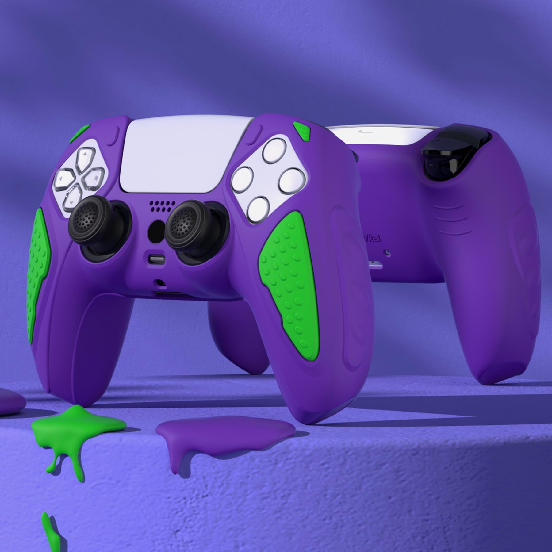 PlayVital PS5 Controller Skin - Anti-Slip Silicone Cover with Thumb Grips, Knight Edition (Purple/Green) for Enhanced Gaming Comfort