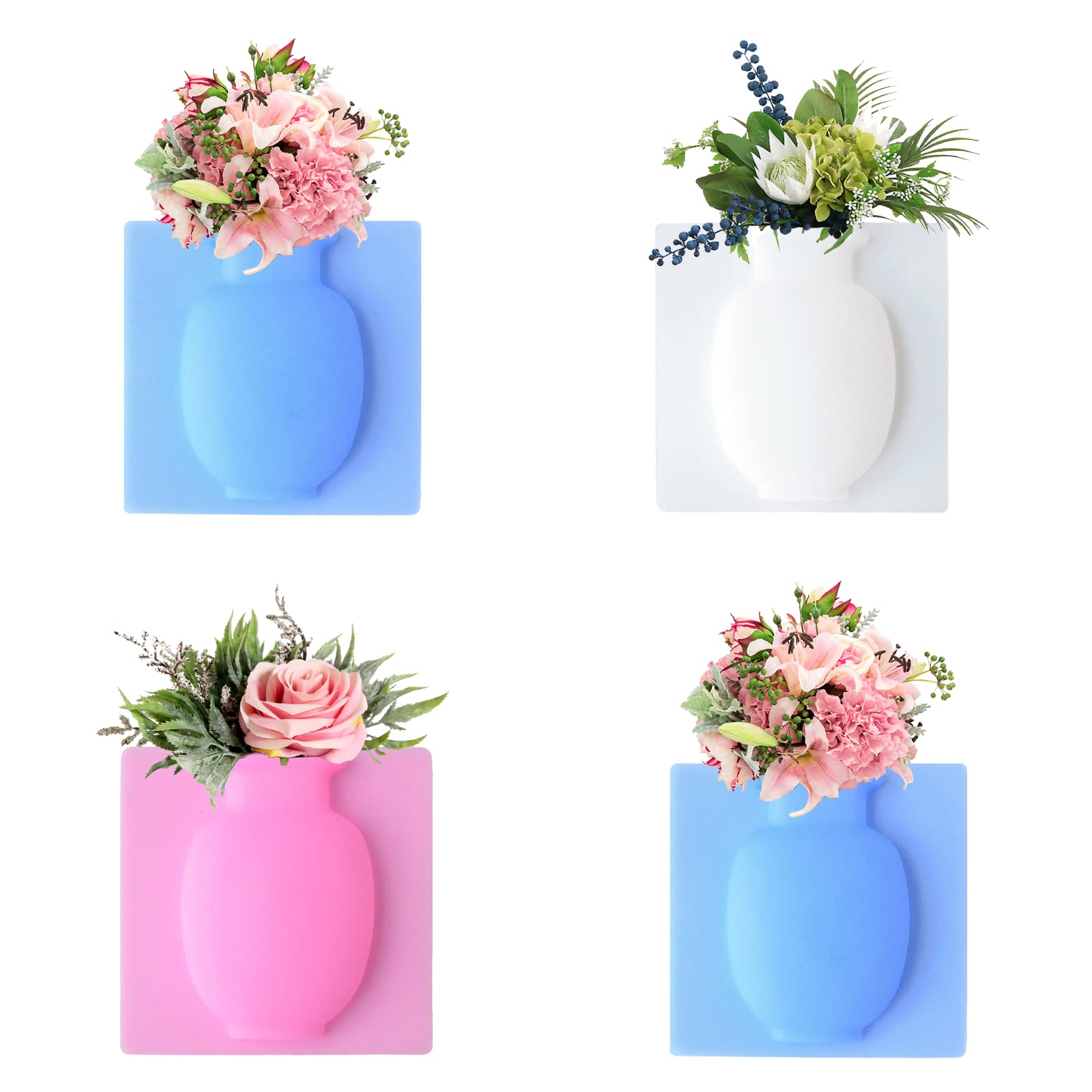 Babody 4PCS Self-Sticking Silicone Vase Set - Reusable Wall-Mounted Flower Pots for Home Decor, Kitchen, Office & Bathroom - Decorative Hanging Rubber Vases for Fresh or Artificial Flowers