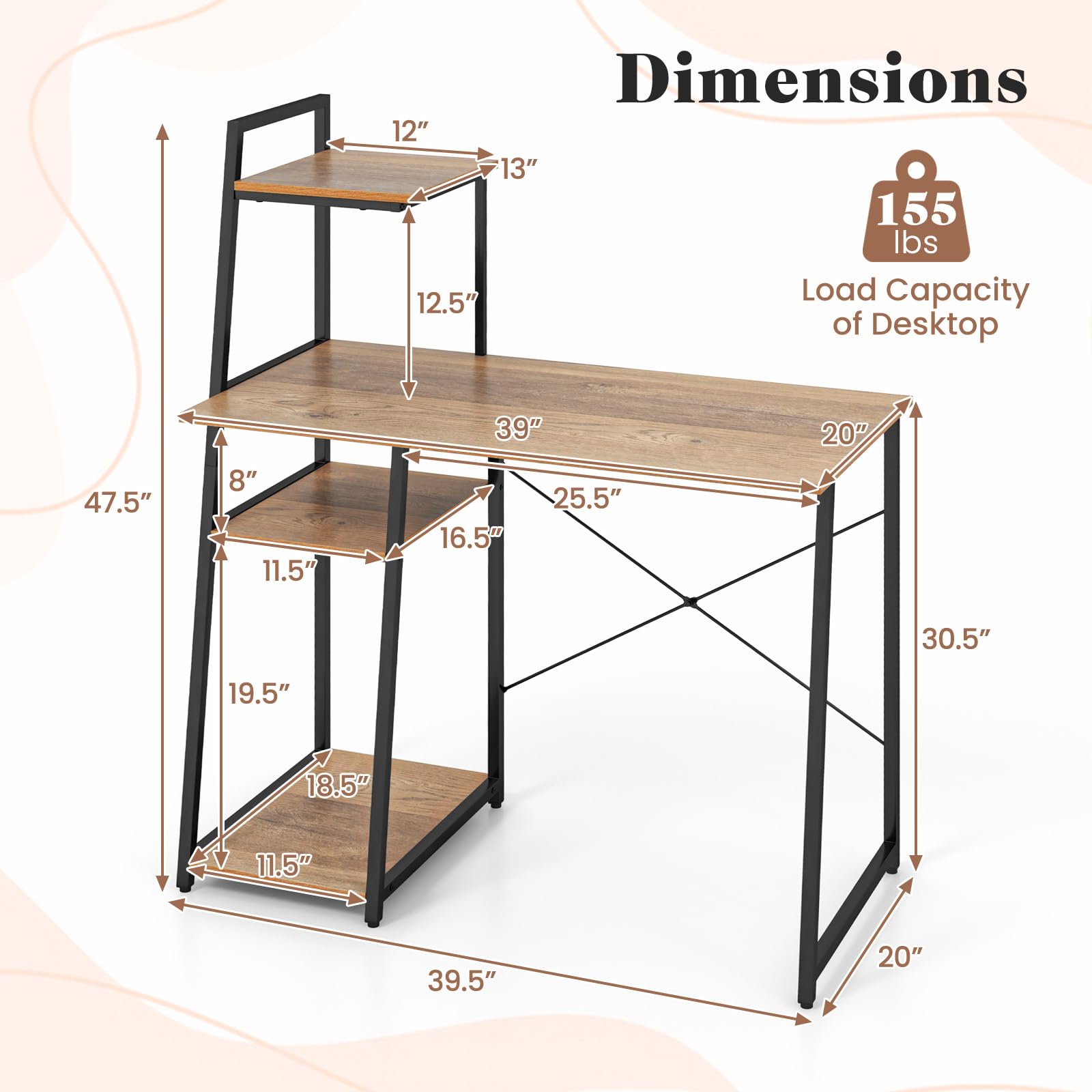 Tangkula Space Saving Computer Desk with 3-Tier Ladder Shelf - Modern Home Office Desk with Metal Frame, Compact Writing Study Table & Storage Bookshelf for Small Spaces (Natural) - Perfect for Home Office, Dorm Room, and Small Apartment Workspaces