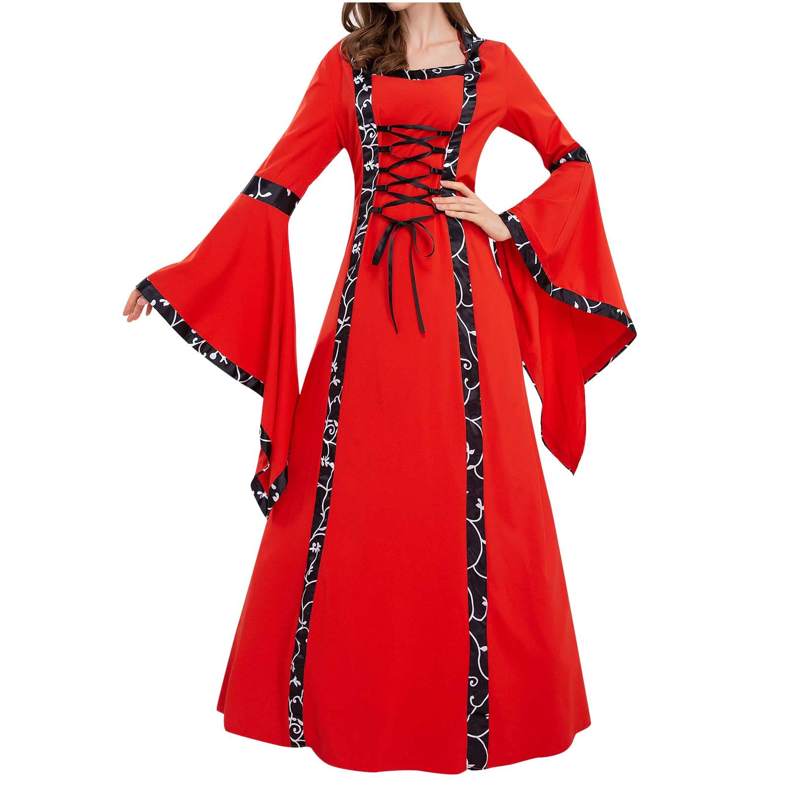 Maqroz Women's Medieval Vintage Hooded Dress - Renaissance Tie-Up Flare Sleeve Costume for Halloween, Cosplay & Masquerade Balls | Perfect for LARP, Themed Parties & Historical Reenactments