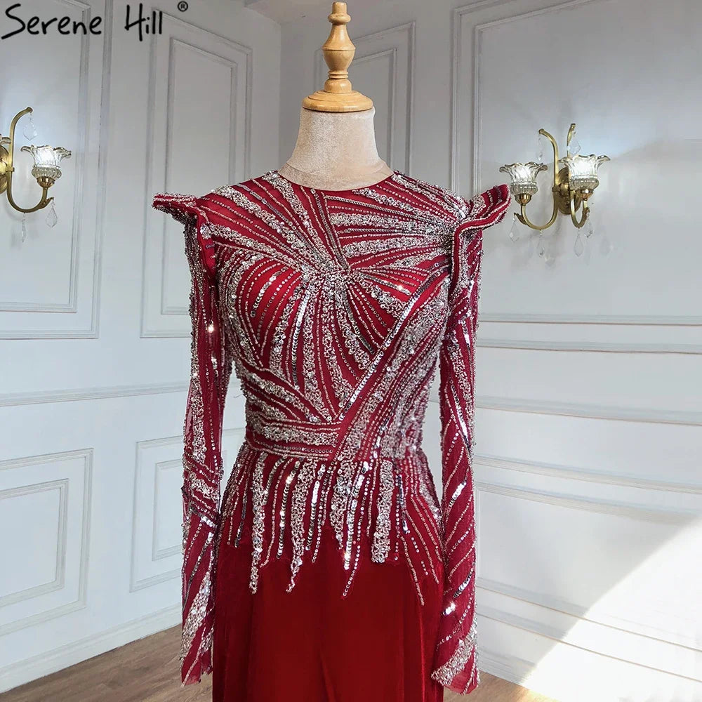 Elegant Velour Muslim Mermaid Evening Gown in Wine Red with Beaded Details - 2025 Women's Party Dress LA71449 | Perfect for Weddings, Galas & Special Occasions