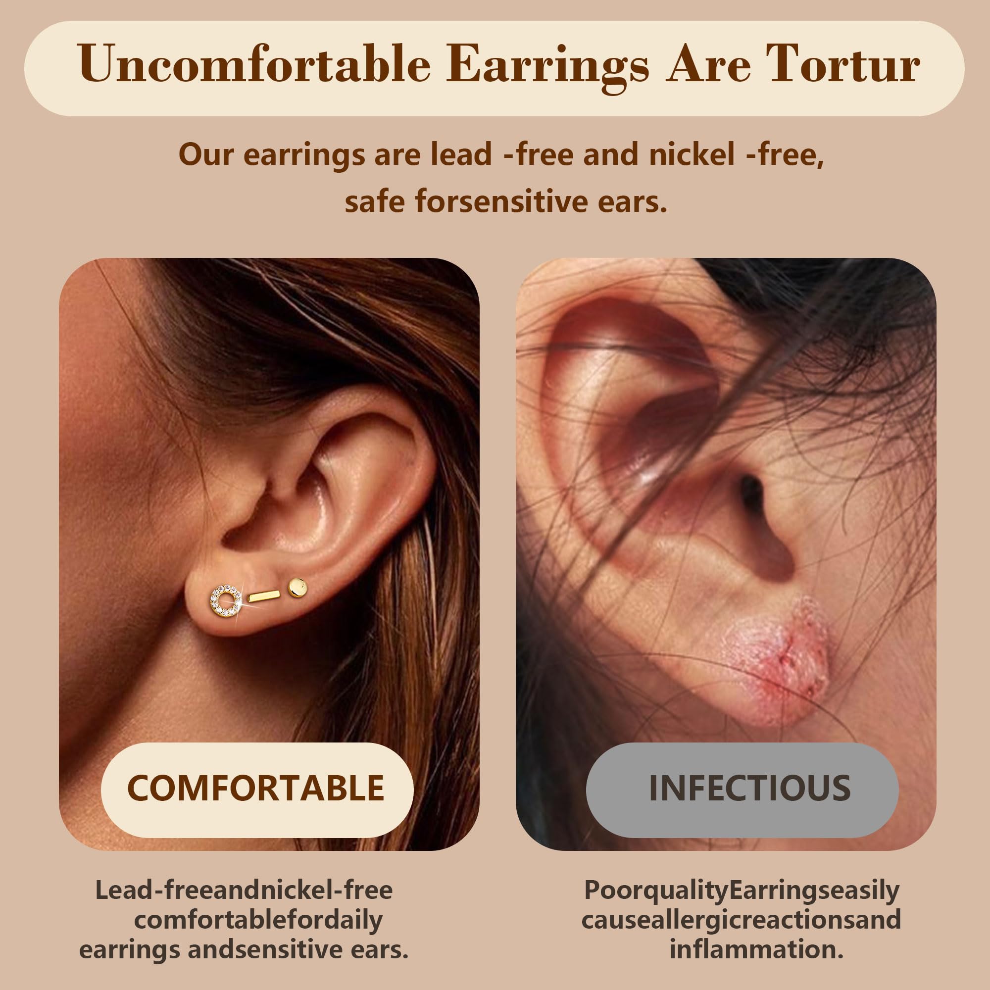 Hayoso 6 Pairs Sterling Silver Stud Earrings for Women - Hypoallergenic CZ Stud Earrings Set with Circle, Bar & Lightning Bolt Designs - White Gold Plated Cartilage & Tiny Stud Earrings for Everyday Wear & Gifting