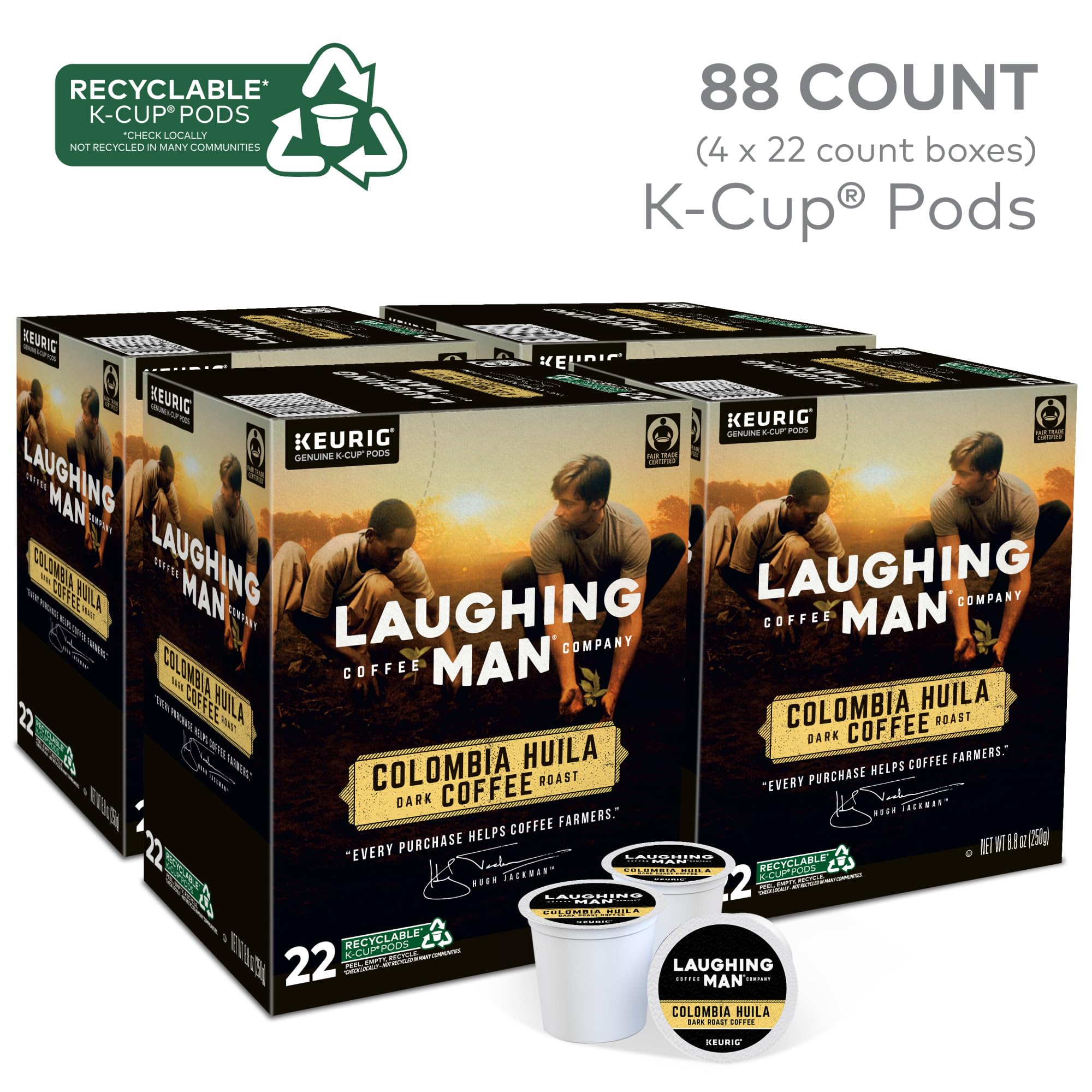 Premium Laughing Man Colombia Huila Dark Roast Coffee - Keurig Single Serve K-Cup Pods (88 Count, 4 Packs of 22) - Rich & Bold Flavor for Home, Office or Breakfast Brewing
