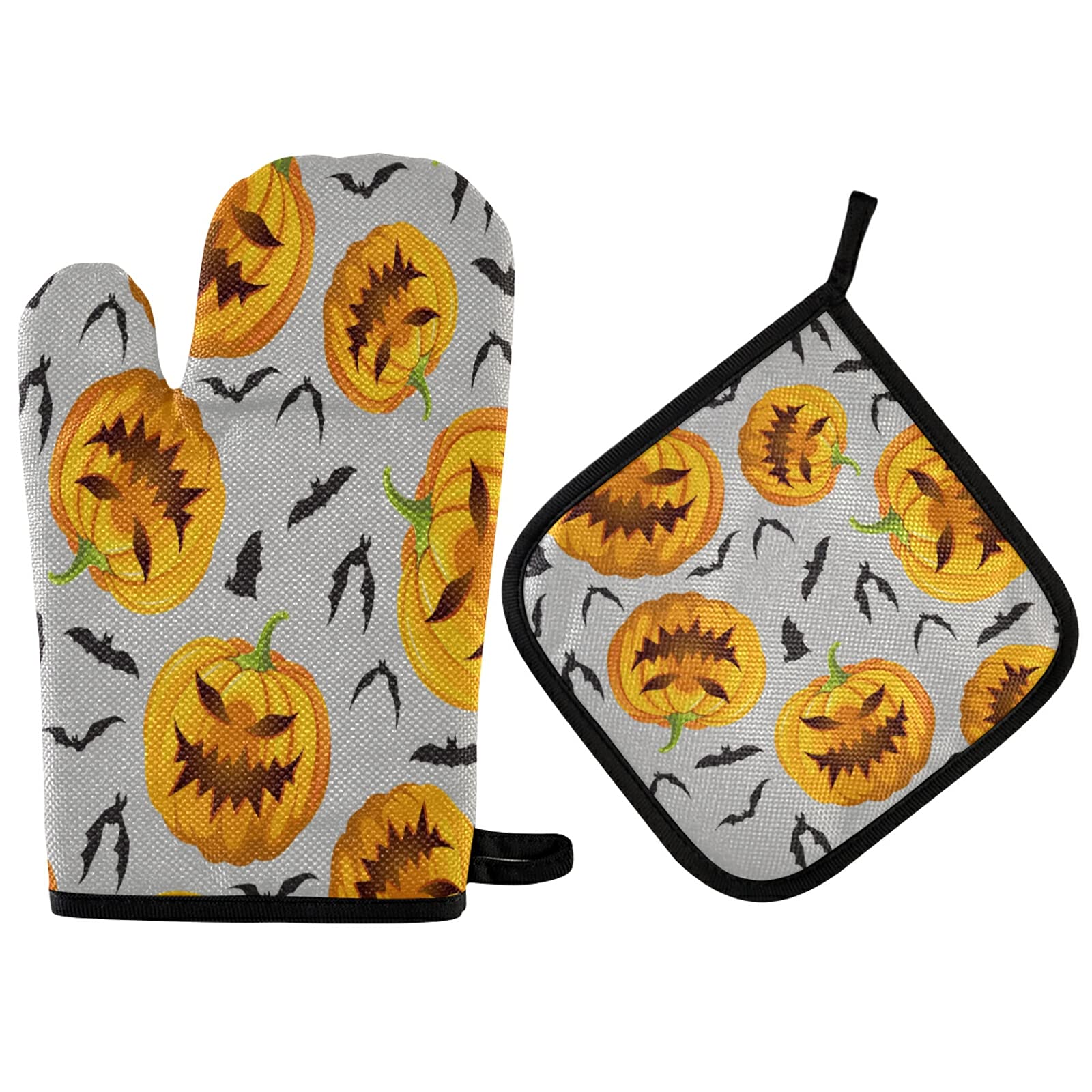 Halloween Pumpkin Bats Oven Mitts and Pot Holders Set - 2-Piece Non-Slip Heat Resistant Kitchen Gloves & Trivet Mats for Baking, Cooking, BBQ - Autumn Orange Grey Home Decor for Thanksgiving & Fall Season