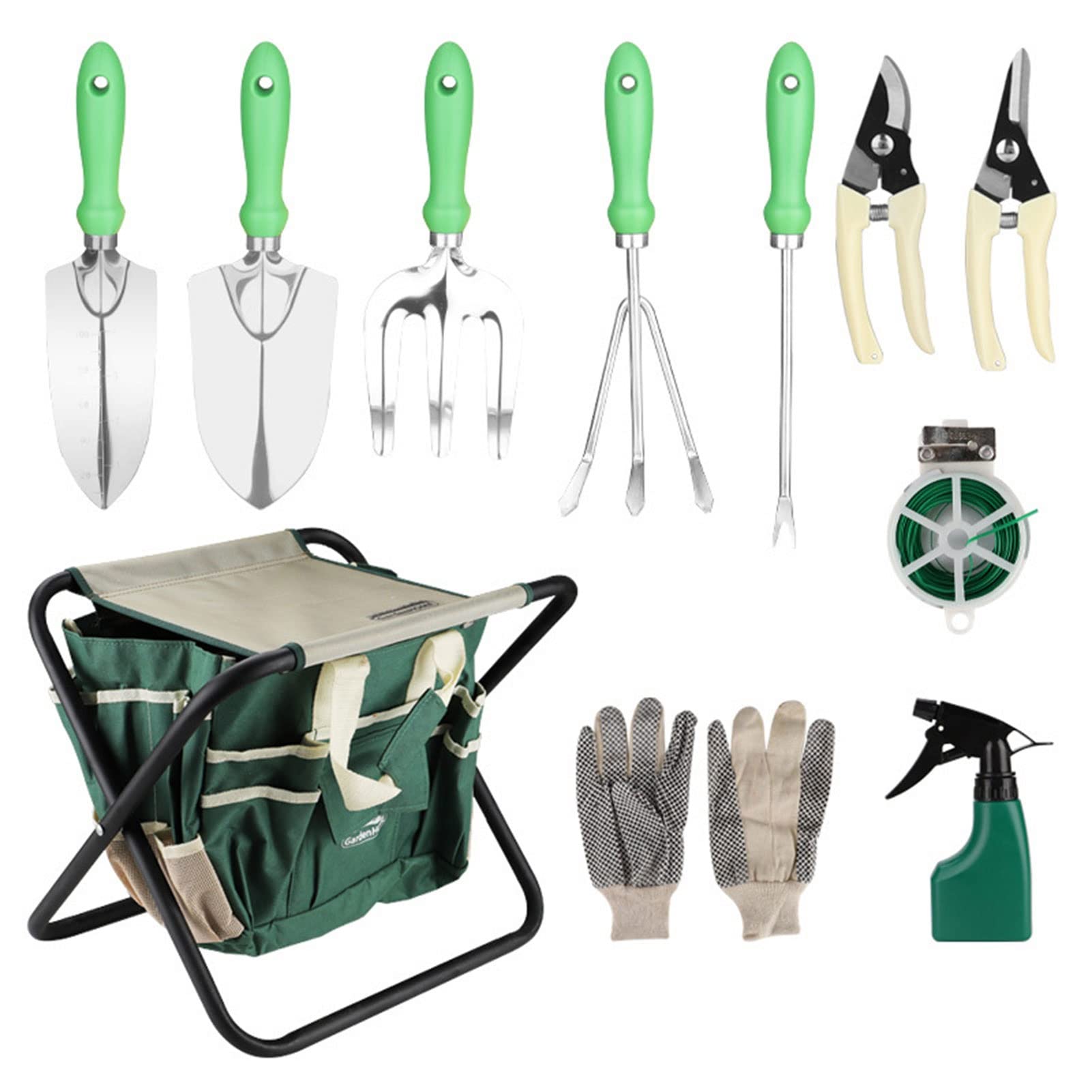 12-Piece Stainless Steel Garden Tools Set with Bag & Stool for Outdoor Gardening