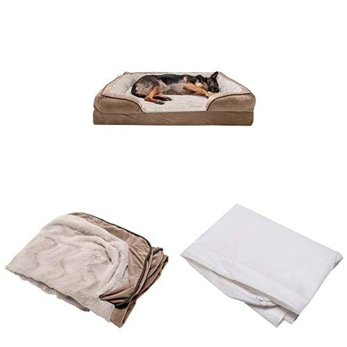 Furhaven Pet Bed Bundle - Jumbo Plus Brownstone Memory Foam Dog Bed with Plush & Velvet Cover, Waterproof Mattress Protector & Extra Bed Cover for Dogs & Cats - Perfect for Living Room, Bedroom or Crate Comfort