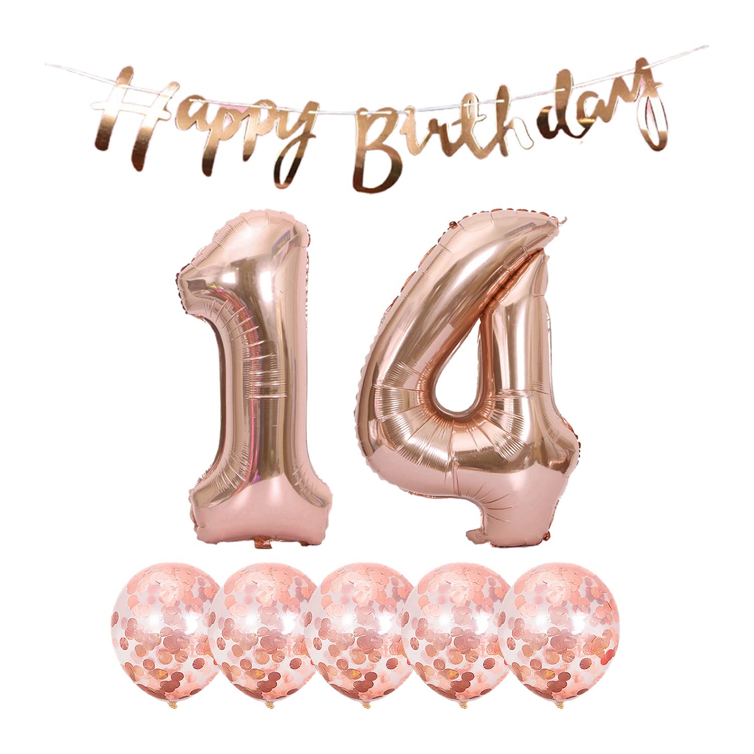 14th Birthday Party Decorations Set - Happy Birthday Banner, Rose Gold Helium Balloons, Number 14 Latex & Foil Balloons for 14 Years Old Celebration | Perfect for Teen Girl Birthday, Sweet 14 Party, Quinceañera Decorations