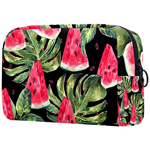 Watercolor Tropical Leaves & Watermelon Slices Makeup Bag - Portable Cosmetic Organizer for Women, Travel Toiletry Bag, Waterproof Tote for Makeup Brushes & Essentials | Perfect for Beach Vacations, Gym, and Daily Use