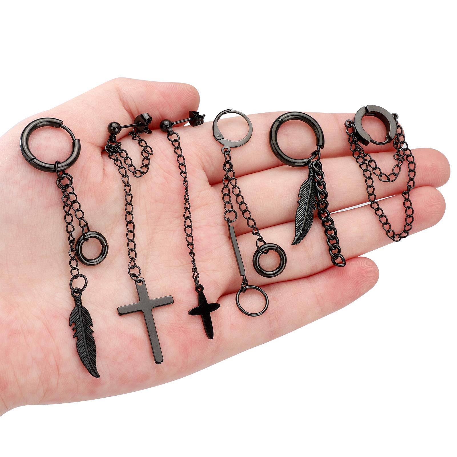 FIFATA 20-Piece Men's Earring Set - Black Stainless Steel Chain Hoop, Cross, Moon & Star Dangle Earrings for Men & Women | Hypoallergenic Body Jewelry for Everyday Wear, Parties & Gifts