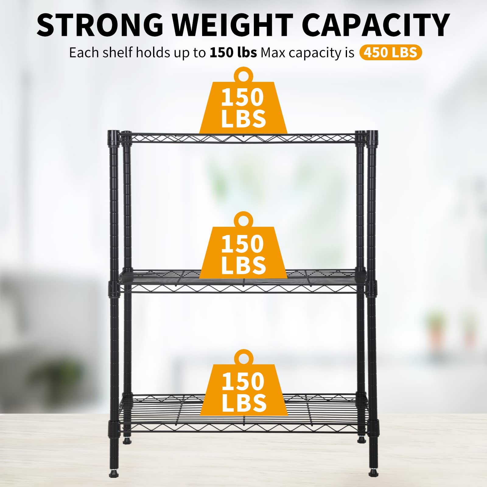 3-Tier Adjustable Wire Metal Shelving Unit with Leveling Feet - Heavy Duty Storage Rack (450lbs Capacity) - 13