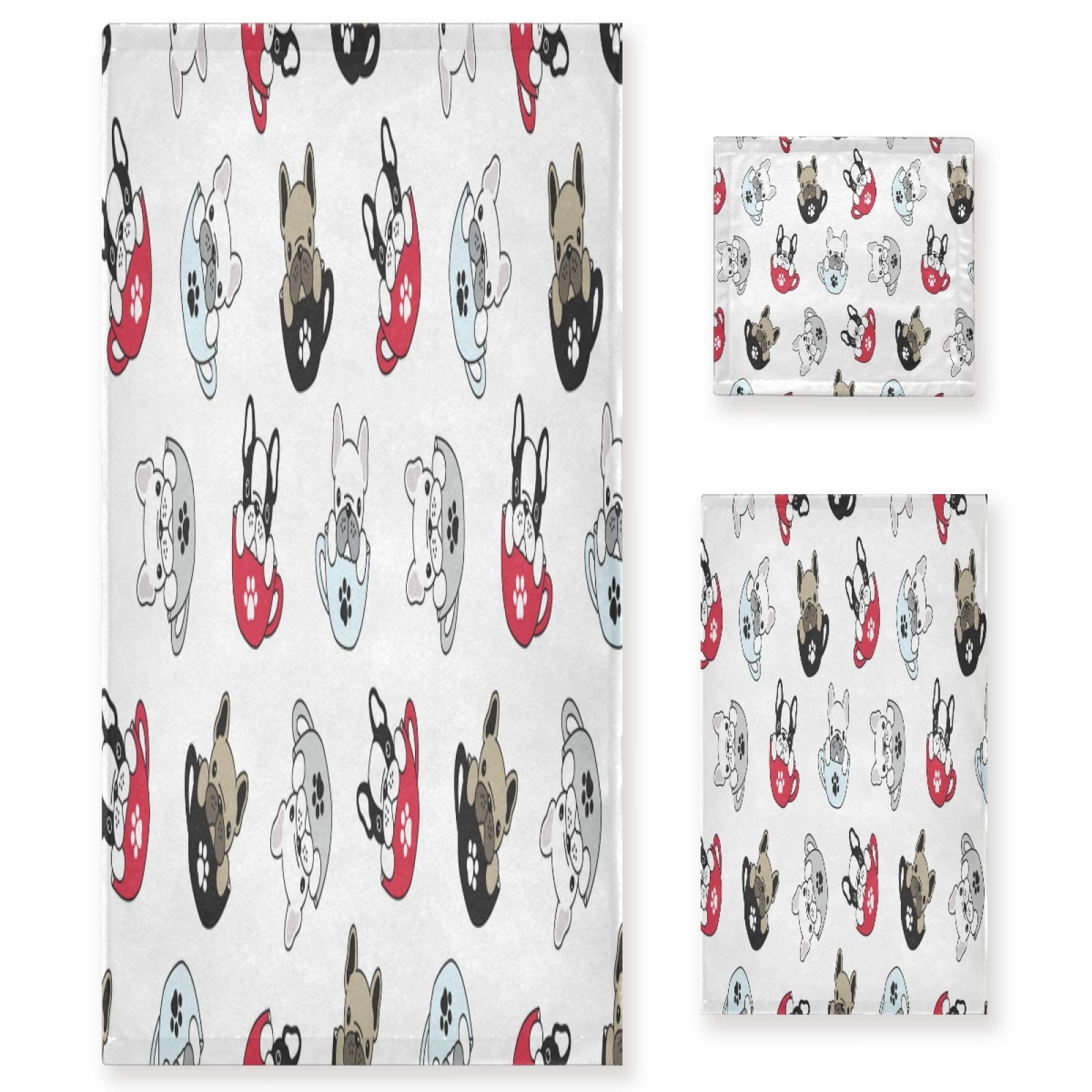 Premium 3-Piece French Bulldog & Pug Bath Towel Set - Ultra Soft, Absorbent & Fade Resistant Cotton Towels (Bath, Hand, Washcloths) for Bathroom, Spa & Pet Lovers Home Decor