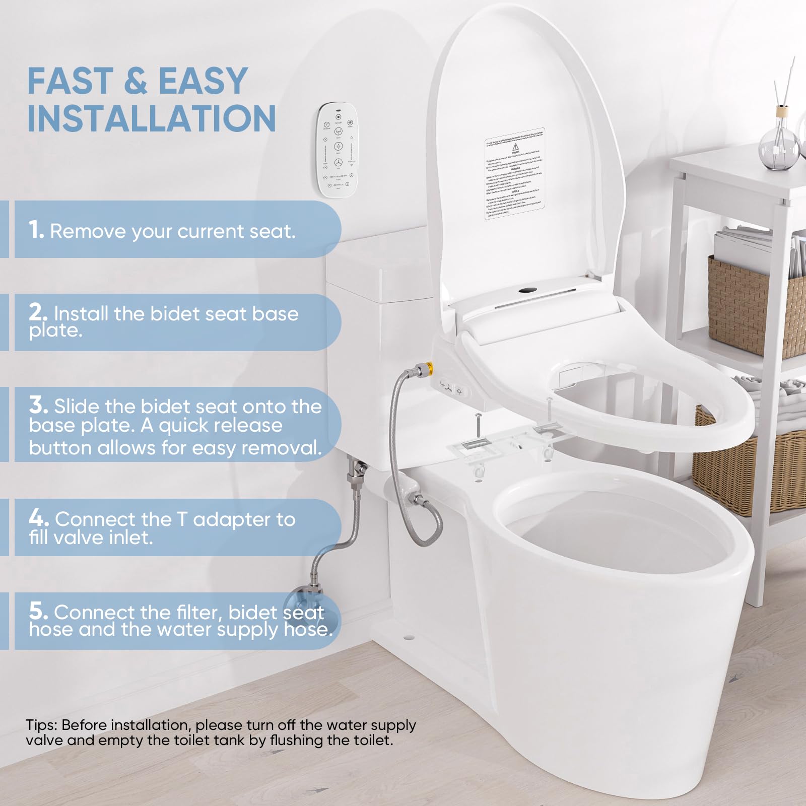 LEIVI Smart Bidet Toilet Seat with Dual Control Mode - Adjustable Warm Water, Air Dryer & Heated Seat - Oscillating/Pulsating Spray Wash, LED Nightlight - Ultra Slim Elongated Design for Modern Bathrooms