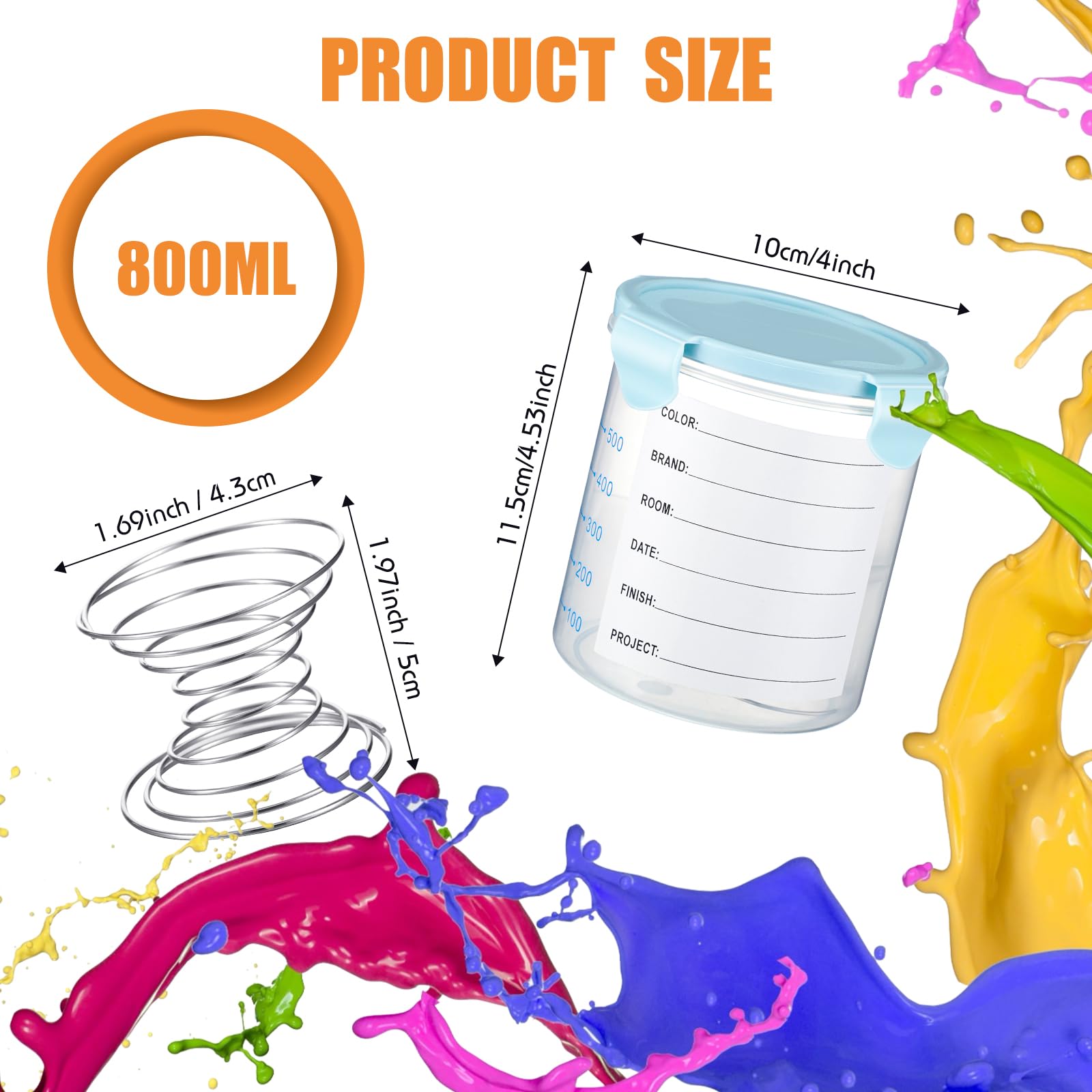 Skylety 8-Piece Airtight Plastic Paint Storage Containers with Lids & Stainless Steel Mixing Balls - 800ml Touch Up Paint Cups (Blue) - Perfect for Artists, DIY Projects & Home Renovations