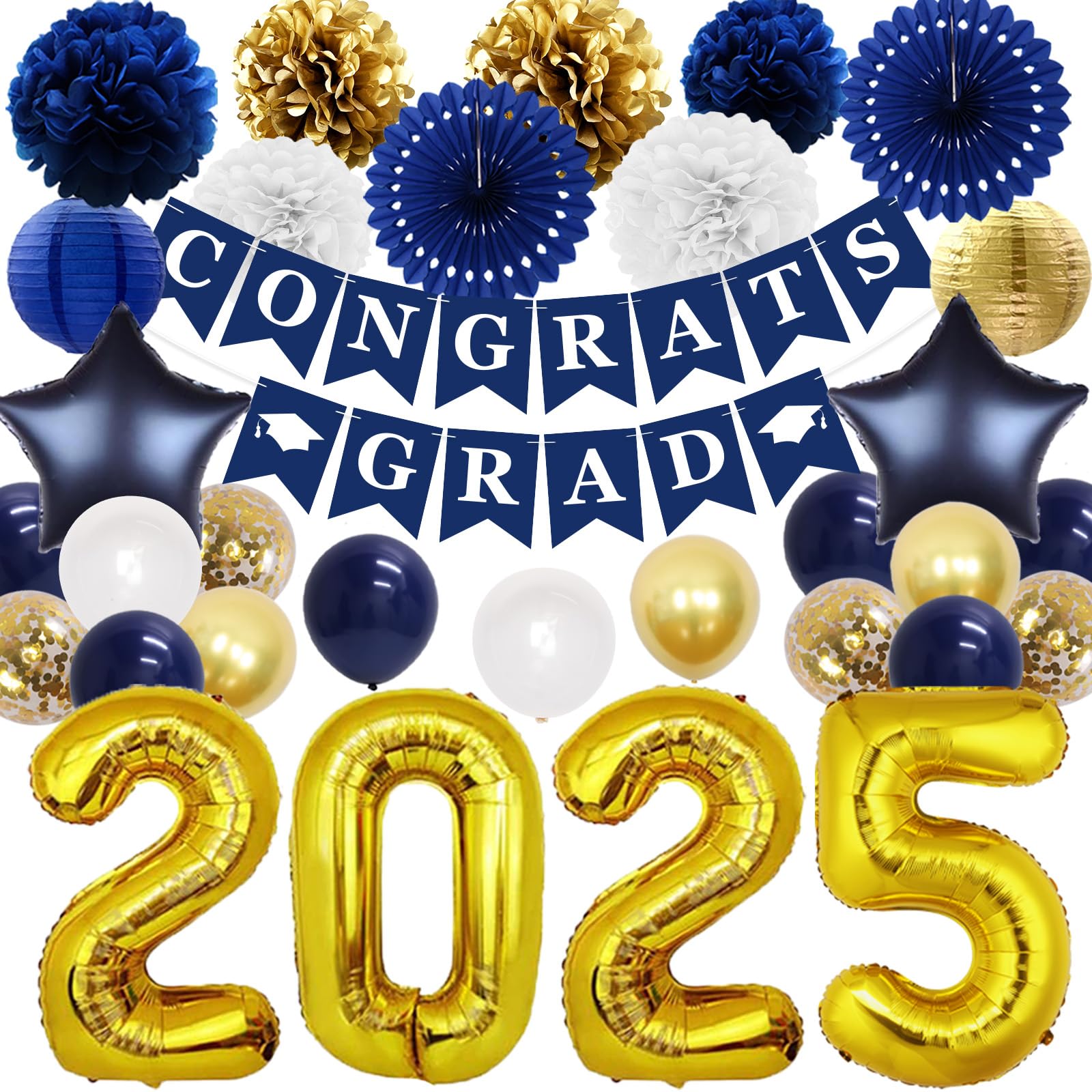 JOYMEMO Navy Blue & Gold Graduation Decorations 2025 - Congrats Grad Banner, Tissue Pom Poms, Paper Lanterns & Number 2025 Foil Balloons for Class of 2025 Party | Perfect for Graduation Ceremony Decor, College Grad Party & High School Celebration