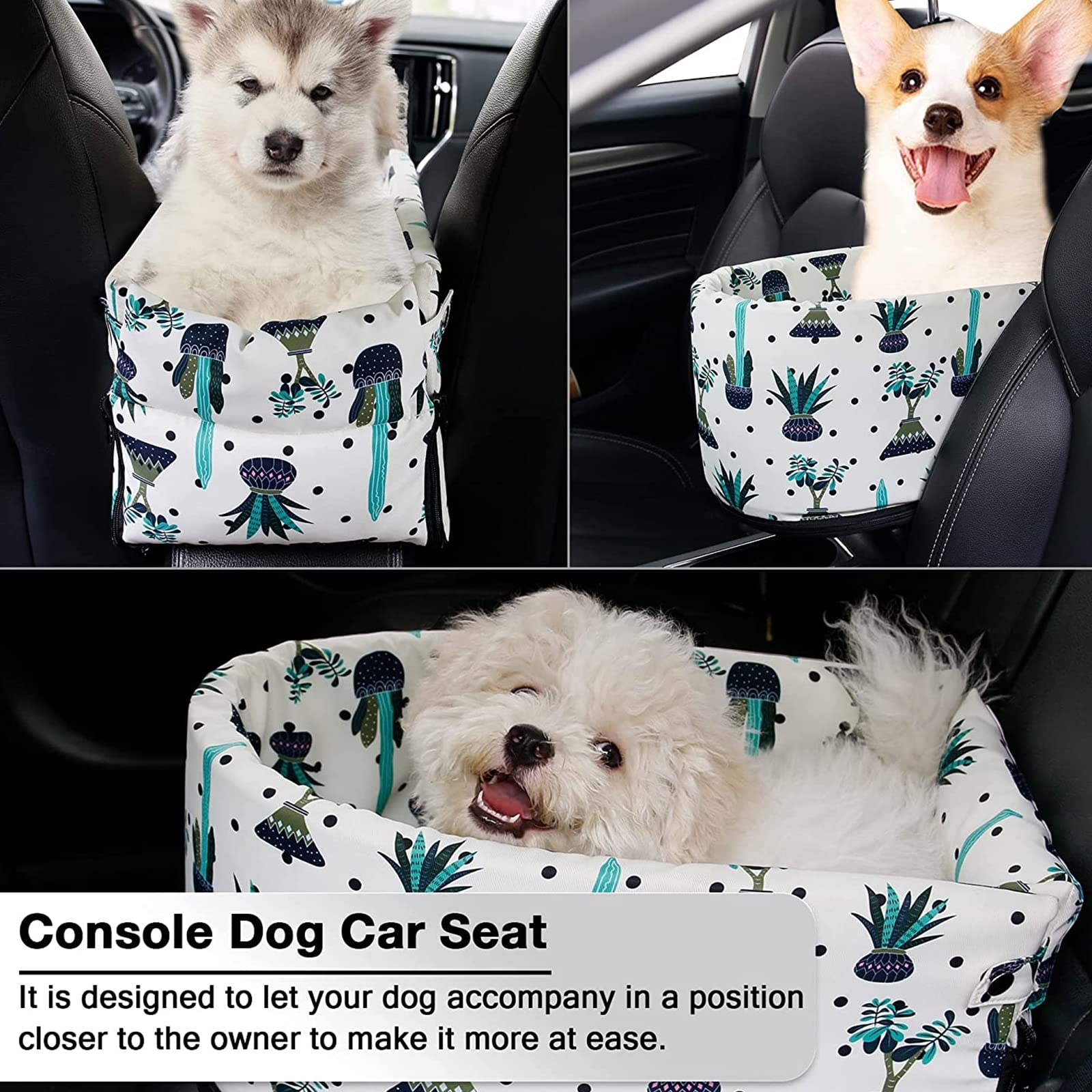 Small Dog Car Seat Booster with Safety Tether - Pet Car Bed for Small Dogs & Cats - Fits Most Vehicle Armrest Consoles - Perfect for Road Trips & Vet Visits