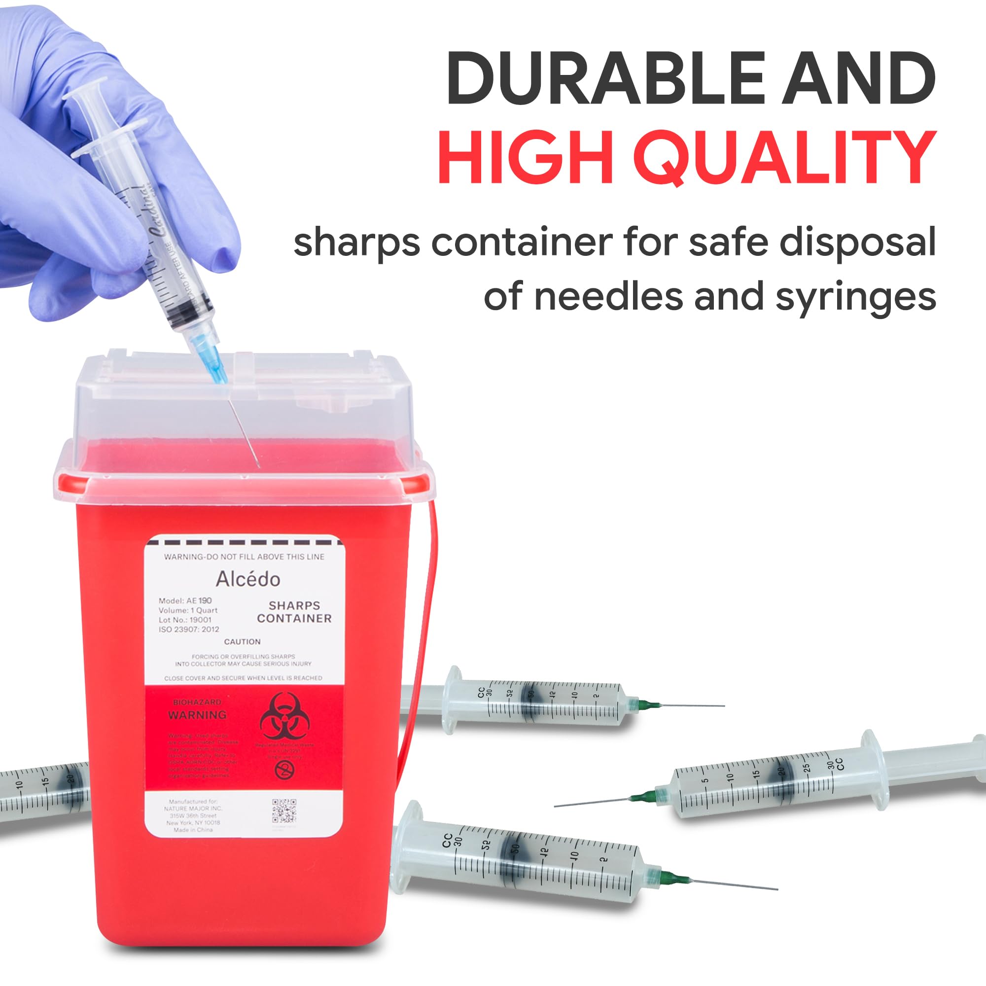 Alcedo 1 Quart Sharps Container for Home & Travel - Safe Biohazard Needle & Syringe Disposal - Small Portable Medical Waste Bin for Diabetics, Tattoo Artists & Healthcare Professionals - Ideal for Insulin Pens, Lancets & Syringes