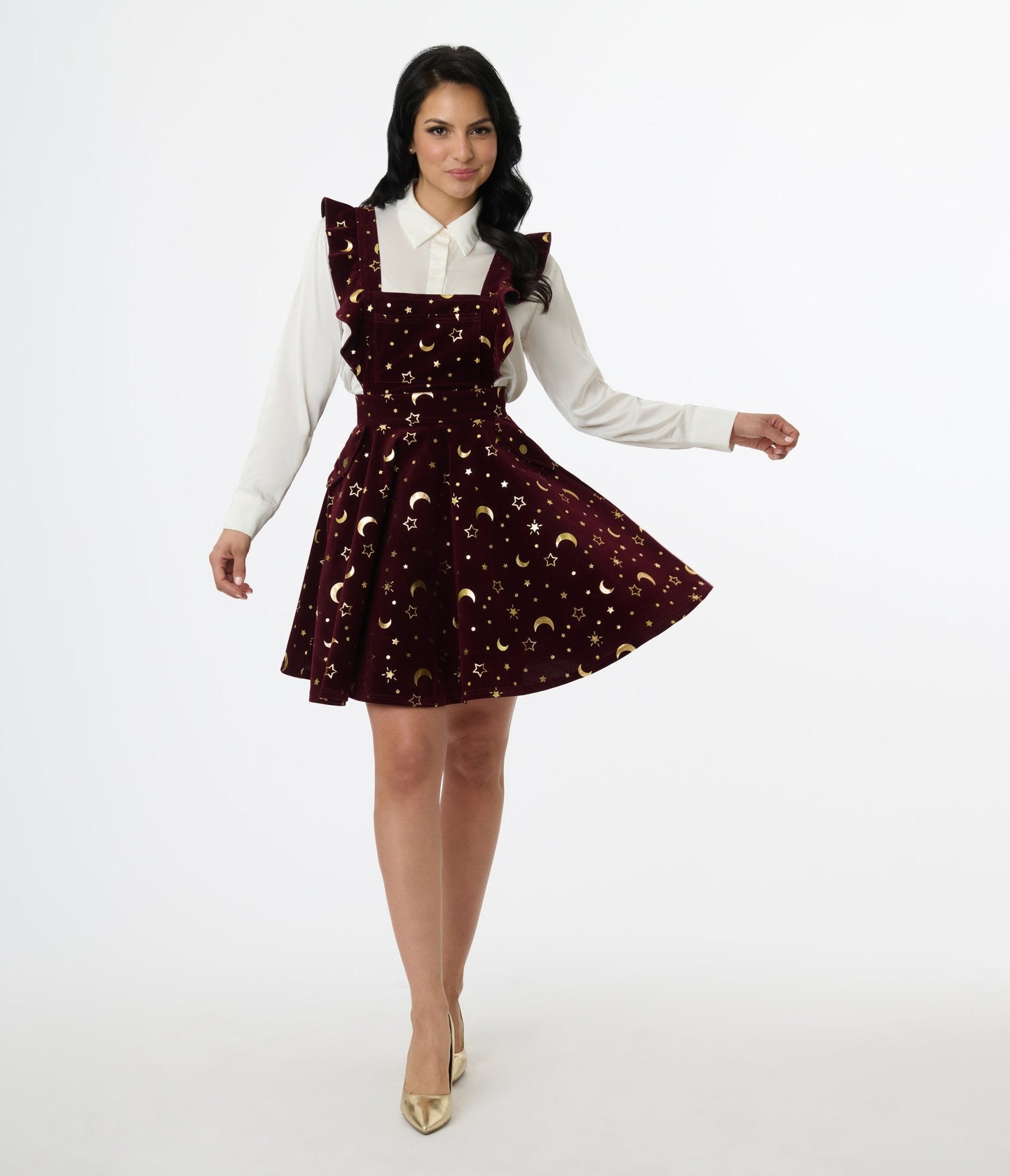 Vintage Burgundy & Gold Moon Star Corduroy Ruffle Pinafore Dress - Retro Aesthetic for Boho Fashion & Holiday Parties