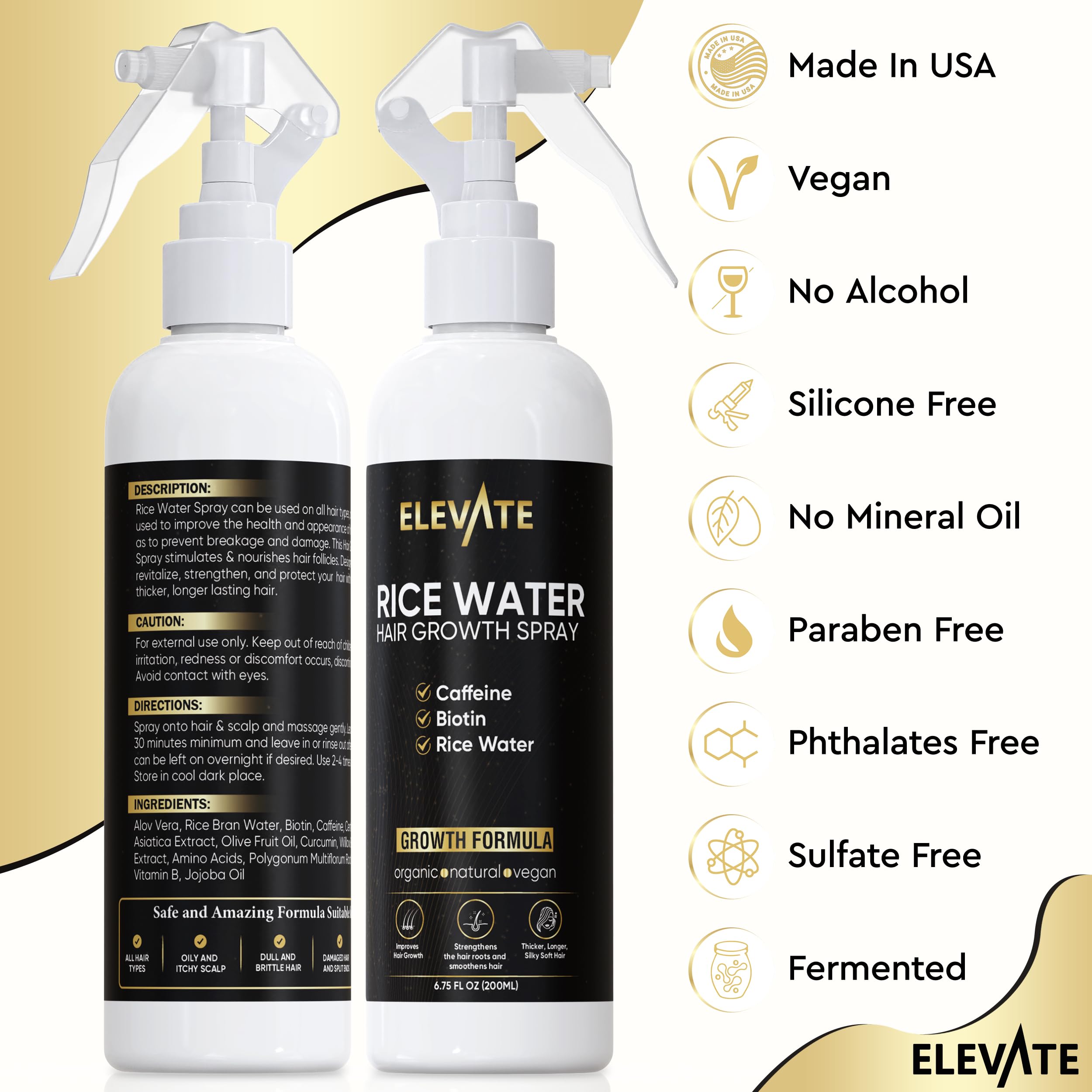 Elevate Rice Water Hair Growth Spray with Biotin, Caffeine & Aloe Vera - Thickening & Nourishing Leave-In Treatment for Thinning, Damaged Hair - Vegan, Non-Greasy Formula for Longer, Softer Locks - Perfect for Daily Hair Care Routine & Styling