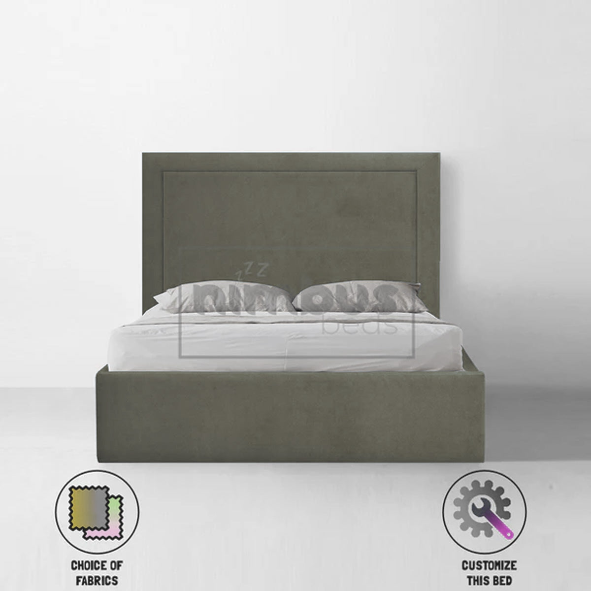 Charlie Studded Bed Frame - Queen Size Metal Platform Bed with Upholstered Headboard, Sturdy Steel Frame for Bedroom, Living Room, Guest Room - Modern & Industrial Style Furniture