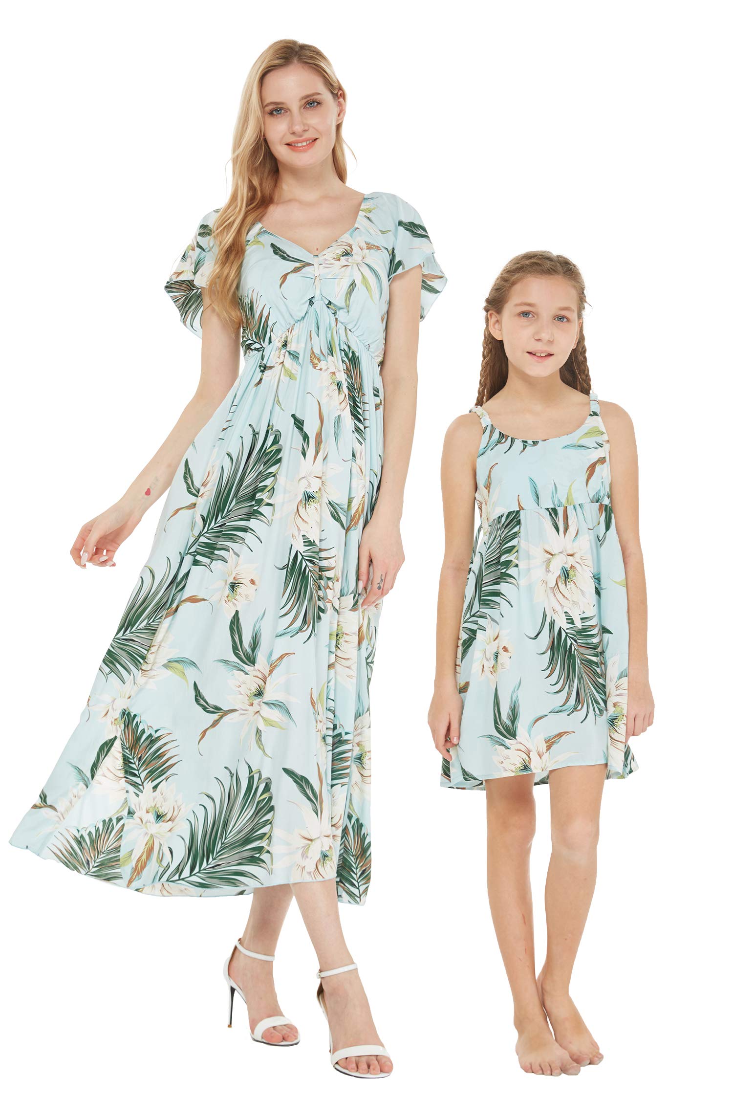 Mother & Daughter Matching Hawaiian Luau Dress with Elastic Strap - Light Blue Floral Print for Beach Vacation, Family Photos & Summer Parties
