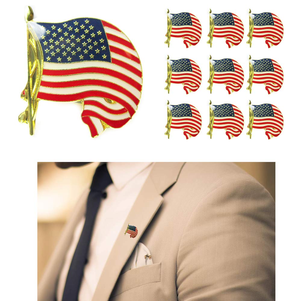 10 Pcs USA Flag Cufflinks - Gold American Flag Lapel Pins, Tie Tacks & Brooches for Men - Perfect for Independence Day, Veterans Day & Formal Events