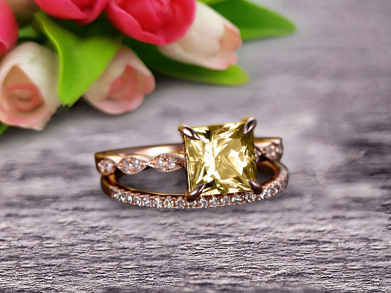 1.50 Carat Princess Cut Champagne Diamond Moissanite 10k Rose Gold Engagement Ring & Wedding Band Set - Vintage Art Deco Stackable Bridal Jewelry for Proposals, Anniversaries & Special Occasions