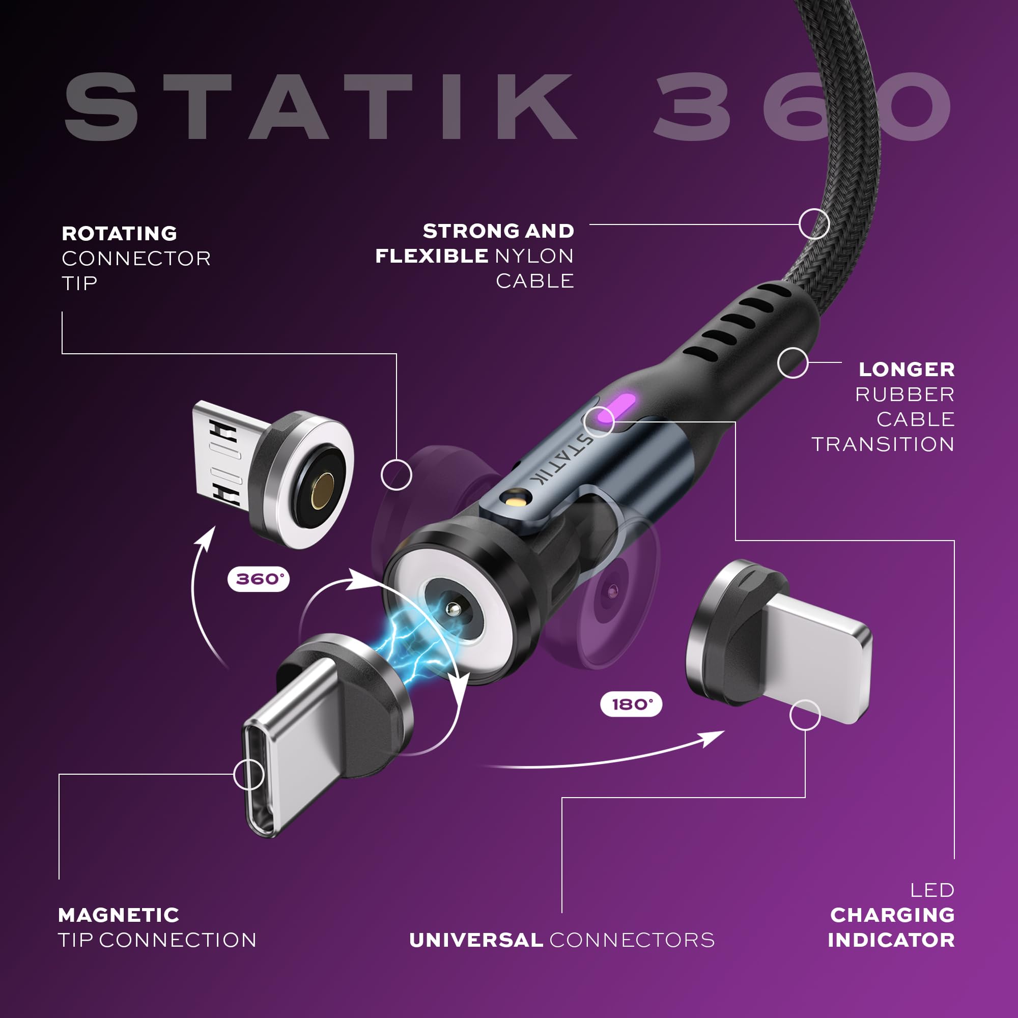 Statik 360 Rotating Magnetic Charging Cable - 6FT/2M Fast Charging USB C Cable with 3 Magnetic Tips (USB-C, Micro-USB, USB-A) for iPhone, Android, Smartphones - Perfect for Home, Office & Travel Use
