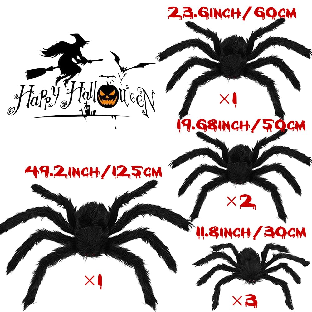 7 Pack Giant Halloween Spiders - Scary Large Hairy Fake Spiders for Outdoor Halloween Decorations, House Party Supplies (Spider Web Not Included) - Perfect for Front Yard Scare, Haunted House Props & Halloween Party Decor