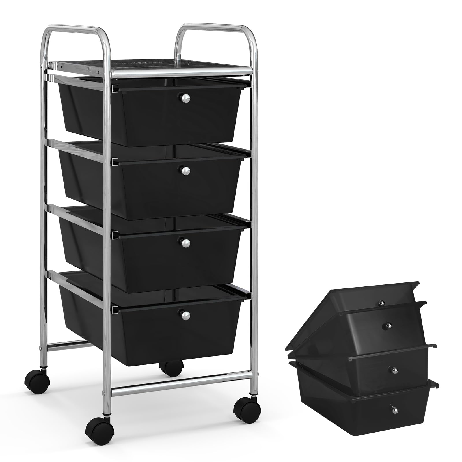 COSTWAY 4-Drawer Rolling Storage Cart | Plastic Organizer with Removable Drawers | Multipurpose Utility Cart for Home, Office & School | Perfect for Scrapbook Paper, Tools & Supplies (Black)