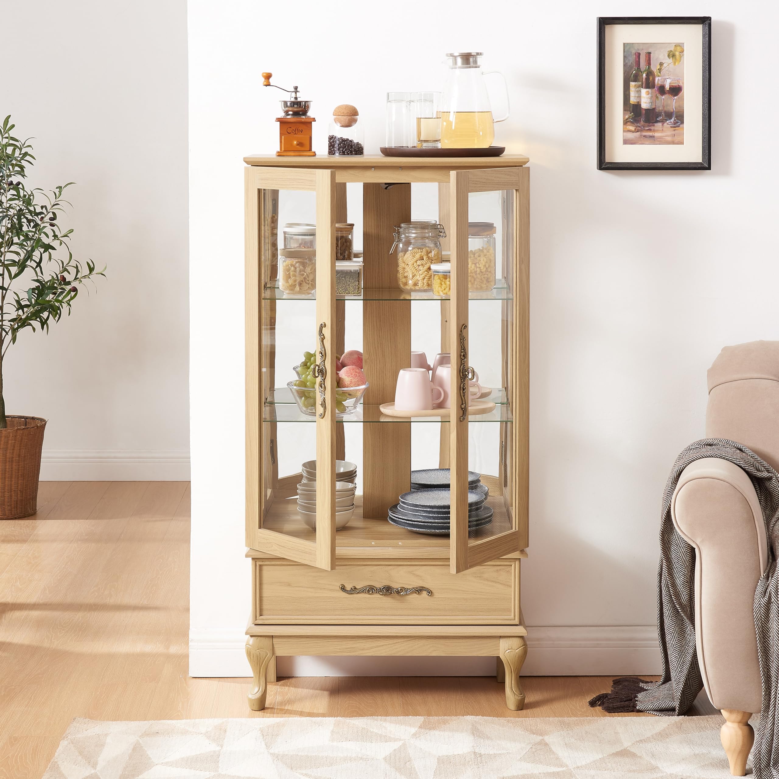Light Oak Curio Display Cabinet with Adjustable Glass Shelves - 2 Door Glass Wine Cabinet with LED Lighting & Drawer - Perfect for Dining Room, Living Room or Bar Storage