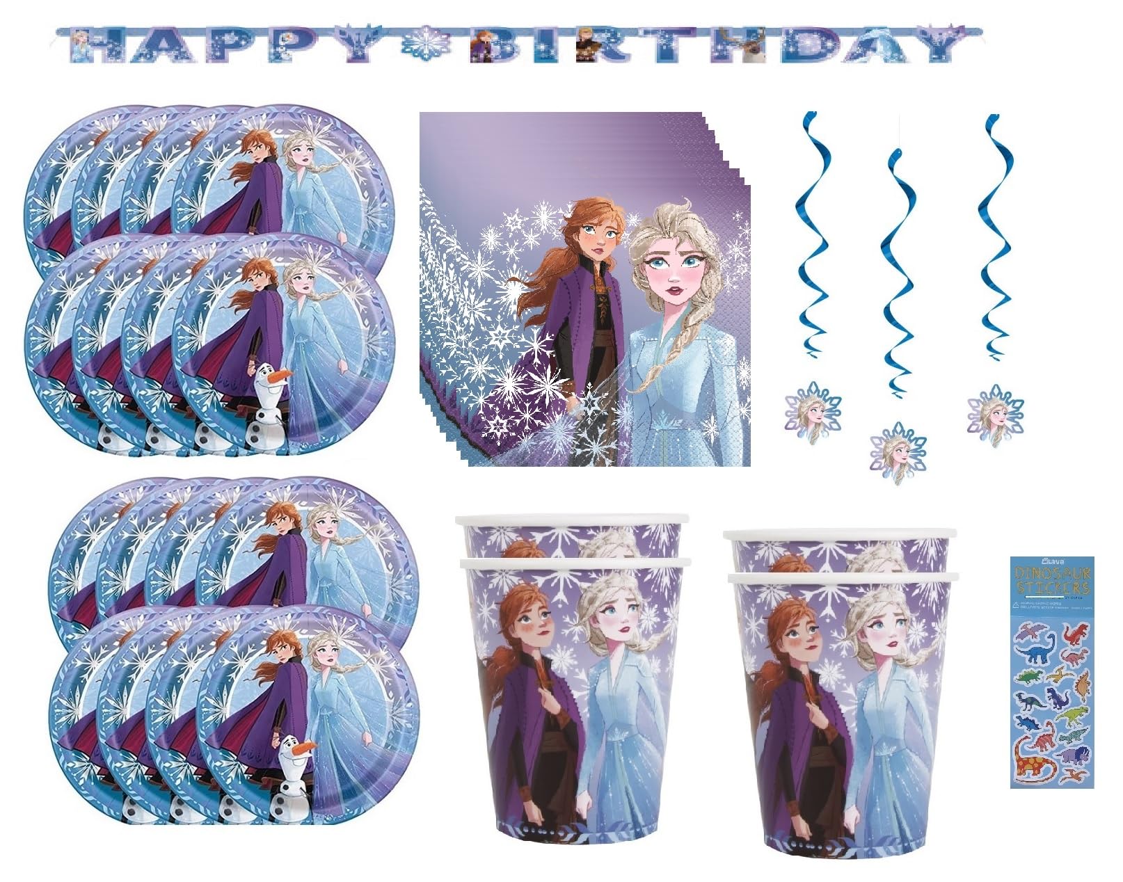 Frozen Elsa & Anna Princess Birthday Party Supplies Set - 16 Cake Plates, 16 Napkins, 16 Cups, Hanging Swirl Decor, Birthday Banner, Dinosaur Stickers - Perfect for Disney Themed Parties, Kids Birthday Celebrations & Frozen Character Events