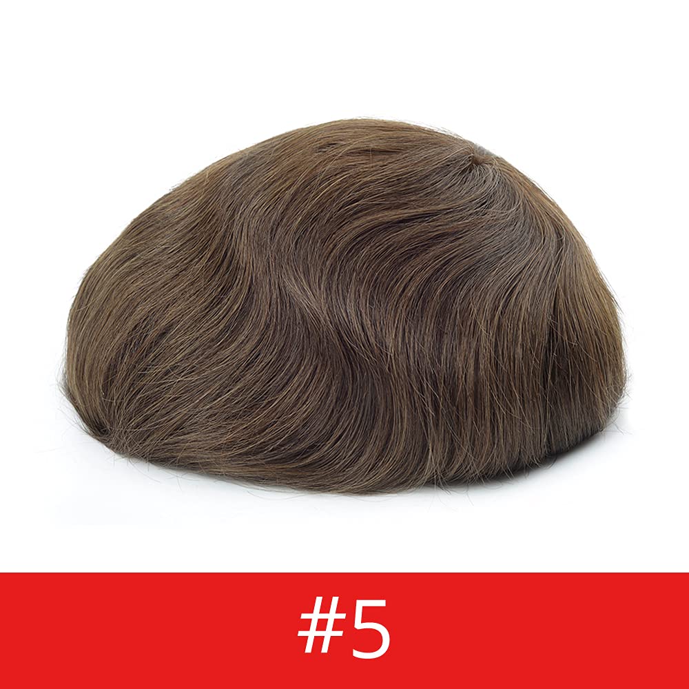 Lordhair Men's Hair System - 0.08mm Natural Skin Base Human Hair Toupee Replacement (8x10 Inch, Medium Brown #5) | Realistic Hairpiece for Thinning Hair & Baldness Cover | Perfect for Daily Wear, Work & Social Events