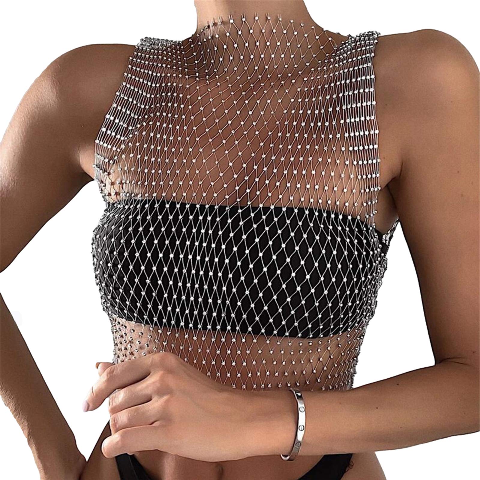 **FlyCC Women's Sexy Sheer Mesh Rhinestone Sleeveless Crop Top - Beach Cover Up, Clubwear, Party Outfit, Summer Fashion**    *Perfect for beach vacations, poolside lounging, nightclub parties, and summer festivals.*