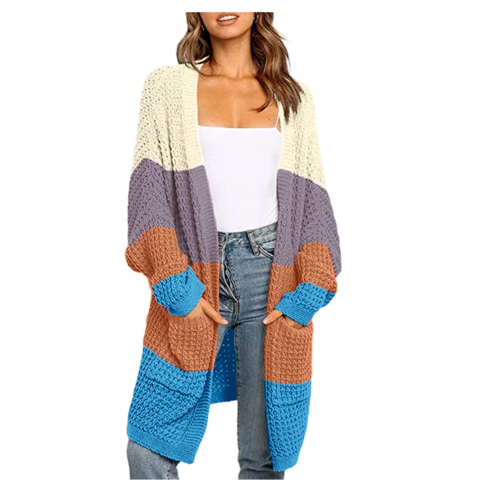Boho Patchwork Long Sleeve Knit Cardigan for Women - Open Front Fuzzy Sweater with Pockets | Cozy Fall Layering, Casual Outfits & Lounge Wear