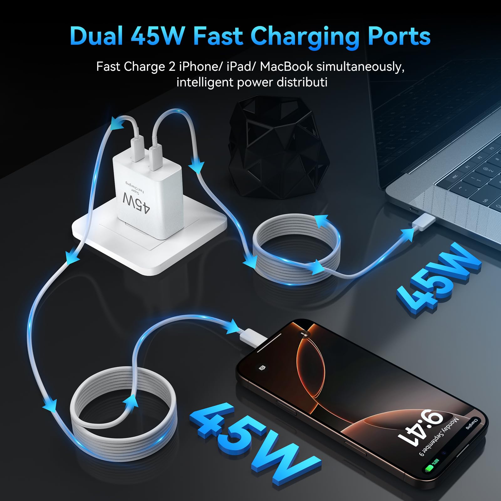 45W Fast Charger for iPhone 16 Pro Max - Dual USB C Charger Block with 10FT Cable - Compatible with iPhone 16/15 Series & Samsung S25 - Perfect for Home, Office & Travel Charging