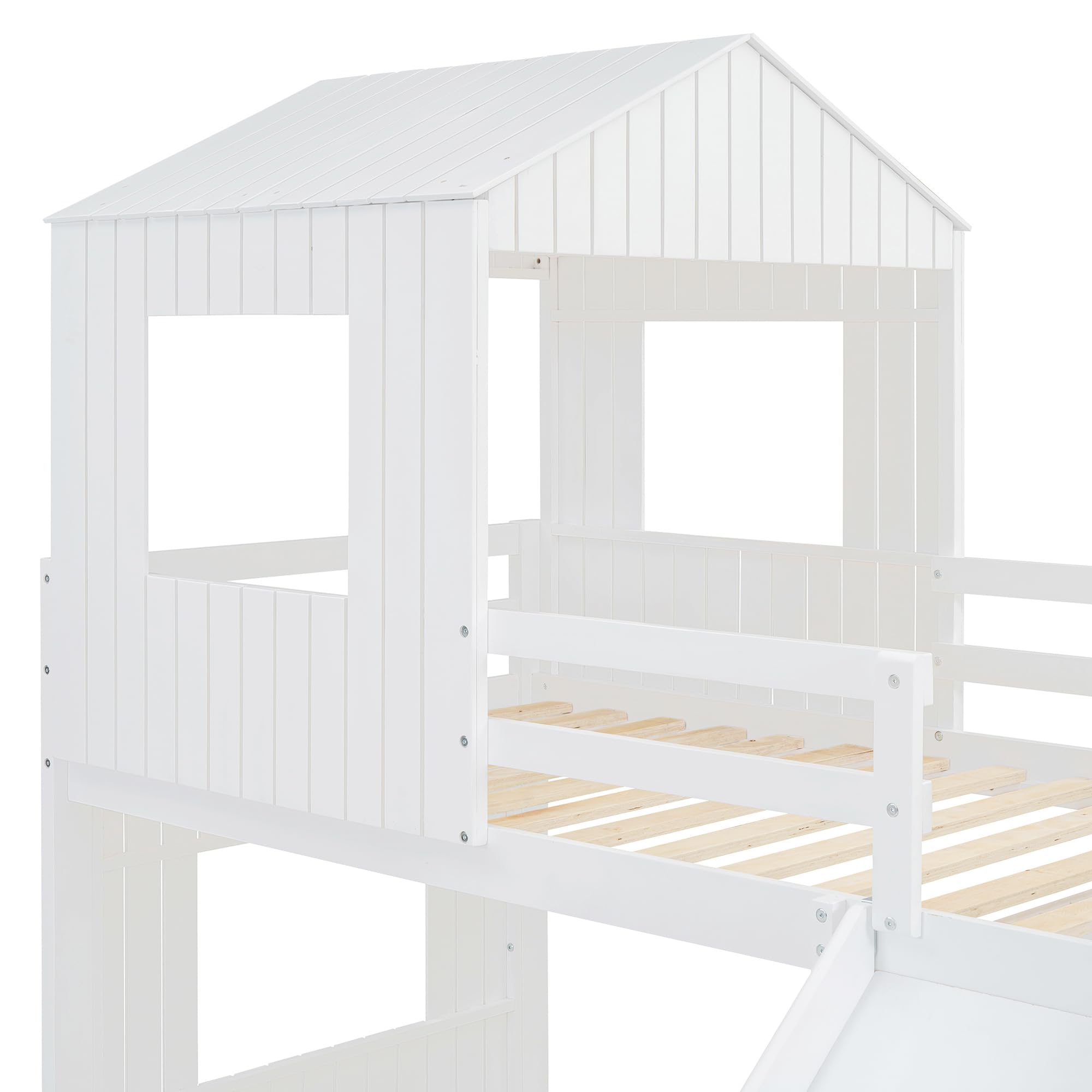 MERITLINE Twin Over Full Bunk Bed with Slide & Playhouse Design - Wooden Kids Bunk Bed with Roof, Windows & Ladder - Safe & Fun Bunk Beds for Boys & Girls in White | Perfect for Kids' Bedrooms, Playrooms & Sleepovers