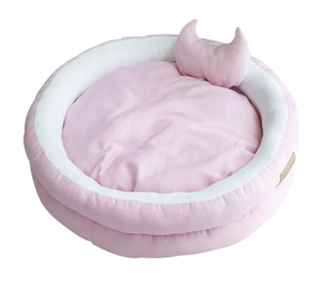 Premium Double-Layer Round Pet Bed - Soft & Calming Dog Bed & Cat Bed with Cat Ear Design (60 x 45 x 20cm, Pink) - Perfect for Kennels, Pet Houses & Cozy Napping Spots