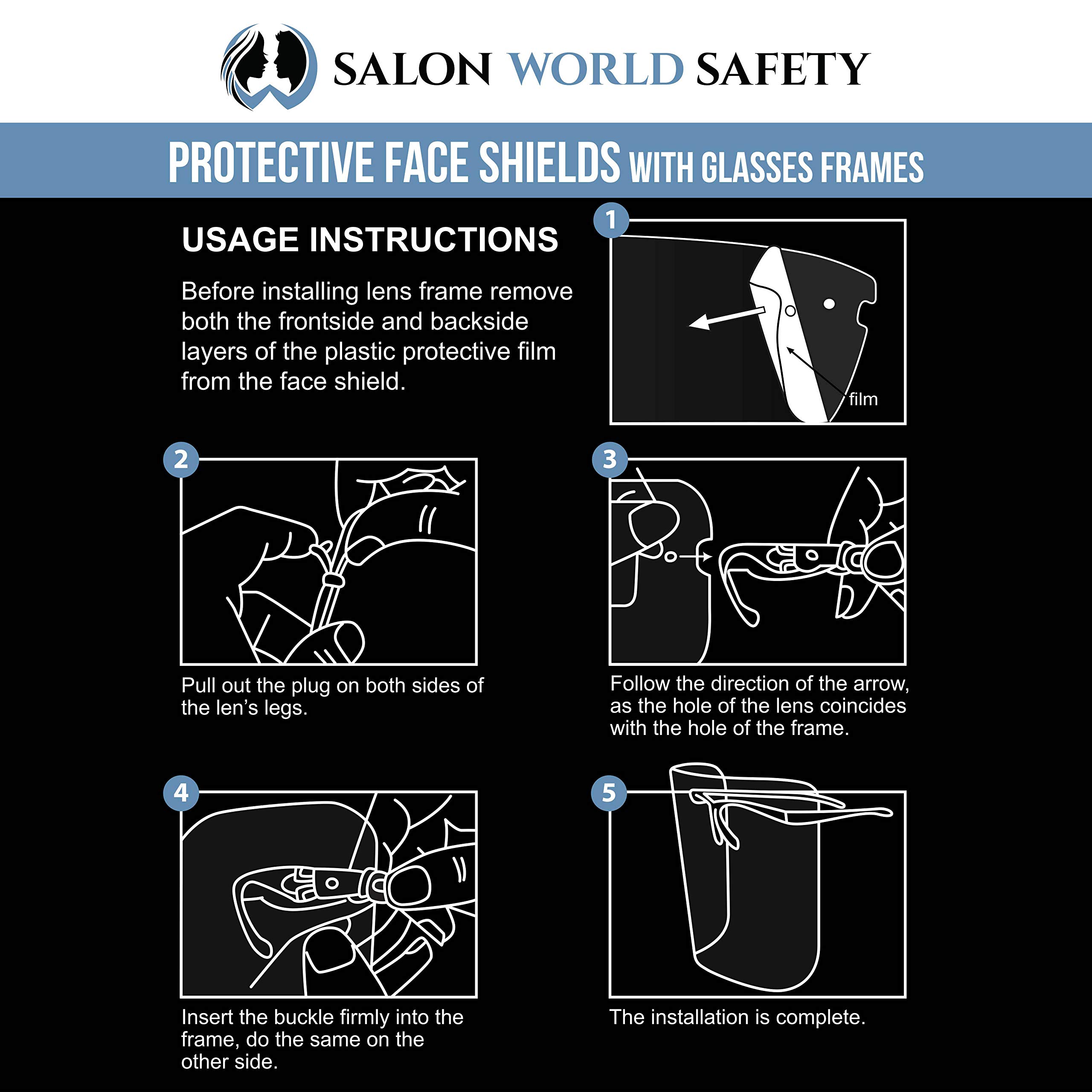 TCP Global Salon World Safety Face Shields with Black Glasses Frames (20 Packs of 4) - Ultra Clear Full Face Protection for Eyes, Nose & Mouth - Anti-Fog PET Plastic Face Shield Goggles - Ideal for Salons, Healthcare & Industrial Work Safety