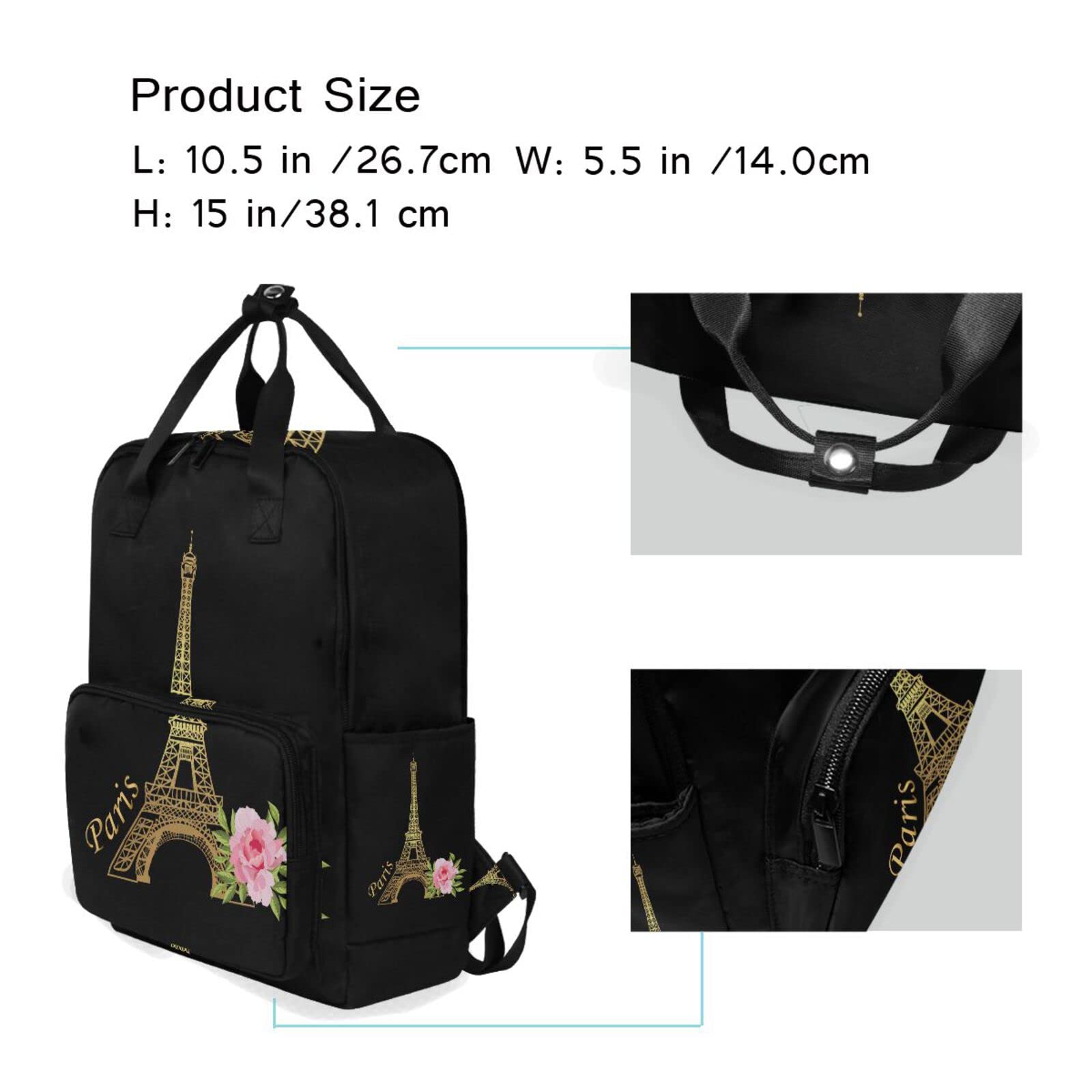 Stylish Paris Eiffel Tower Floral Laptop Backpack - Waterproof Tote Shoulder Bag for Women & Men, Perfect for Work, Gym, Travel & Daily Commute | Black Gold Rose Design with Spacious Compartments