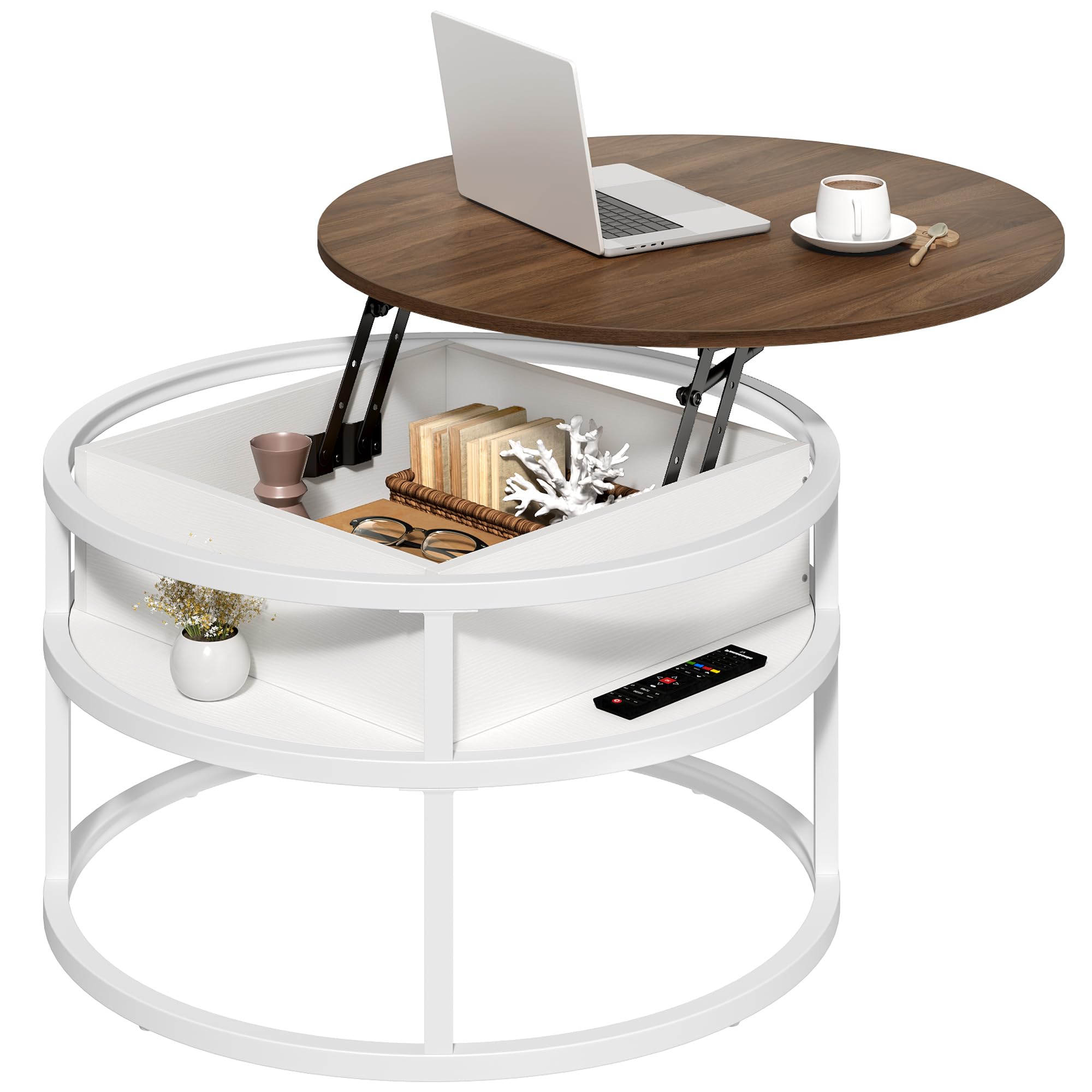YITAHOME Round Lift Top Coffee Table with Hidden Storage - Modern Living Room & Home Office Center Table in Brown & White - Perfect for Small Spaces, Entertaining, and Stylish Storage Solutions