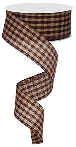 Primitive Gingham Check Wired Edge Ribbon - 10 Yards Burgundy & Tan 1.5 Inch Wide - Perfect for Gift Wrapping, DIY Crafts, and Home Decor
