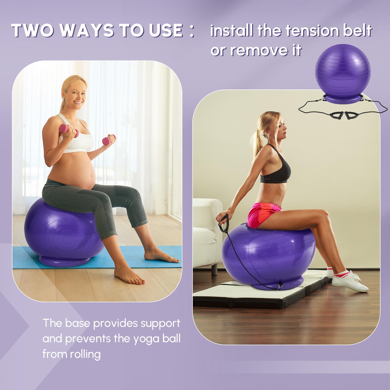 65cm Yoga Ball Chair with Inflatable Stability Base & Resistance Bands - Large Exercise Stability Ball for Home Workout, Office Desk Sitting, Gym Fitness - Relieves Back Pain & Improves Balance - Includes Air Pump - Perfect for Home Office, Yoga Practice & Core Strength Training