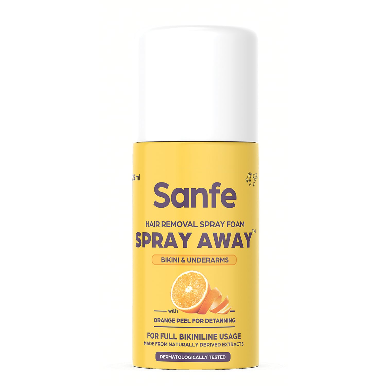 Sanfe Painless & Detan Hair Removal Spray Cream - 25ml | Bikini, Chest, Legs, Arms & Underarm Hair Remover | 10-Minute Hair Removal with Skin Brightening | Enriched with Orange Peel, Aloe Vera, Vitamin E & Niacinamide | Perfect for Smooth Skin Before Beach Trips & Summer Outfits