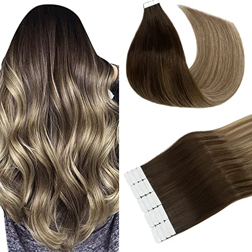 Benehair Tape in Hair Extensions 14 Inch Real Human Hair - 50g 20pcs Balayage Brown to Dirty Blonde Straight Silky Soft Seamless Double Side Tape Hair Extensions for Women (2T6/18) - Perfect for Daily Wear, Parties & Special Occasions