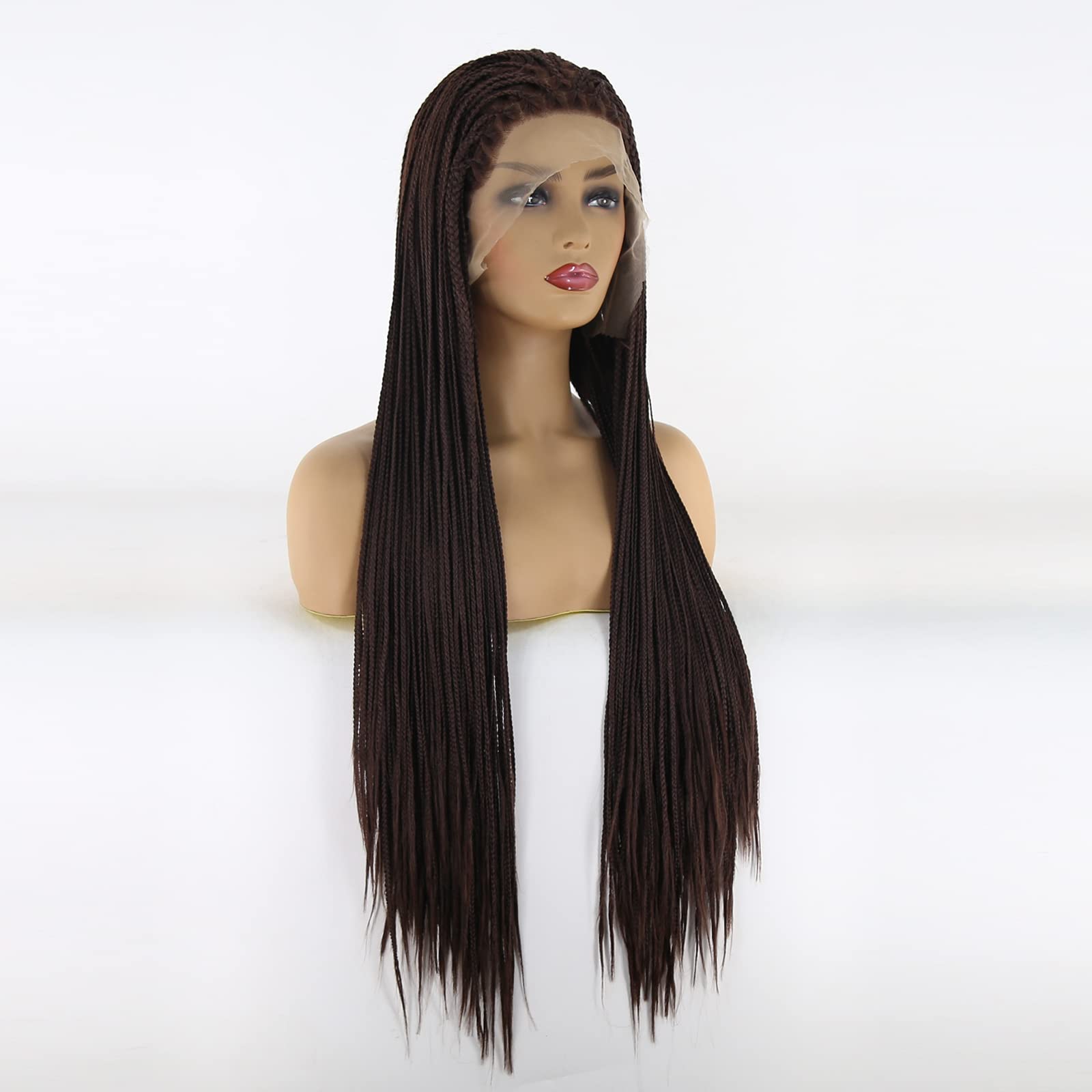 BTWTRY Dark Brown Micro Braided Synthetic Lace Front Wig - Heat Resistant Fiber #6 Color Box Braids for Black Women & African American Hair - 24 Inch Braided Wig for Daily Wear, Parties & Protective Styling