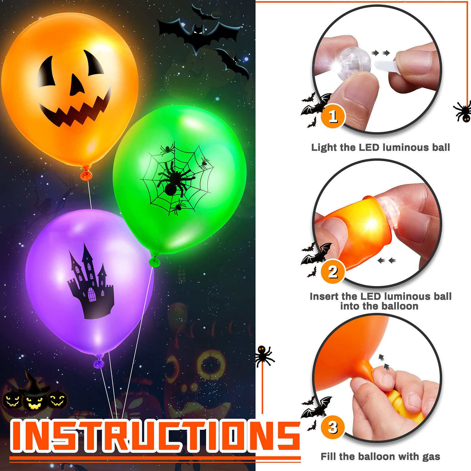 60 Pack Halloween LED Balloons Glow in The Dark - Round Latex Balloons with Lights for Halloween Party Decorations, Wedding, Birthday, Dance Party - Spooky Indoor & Outdoor Decor