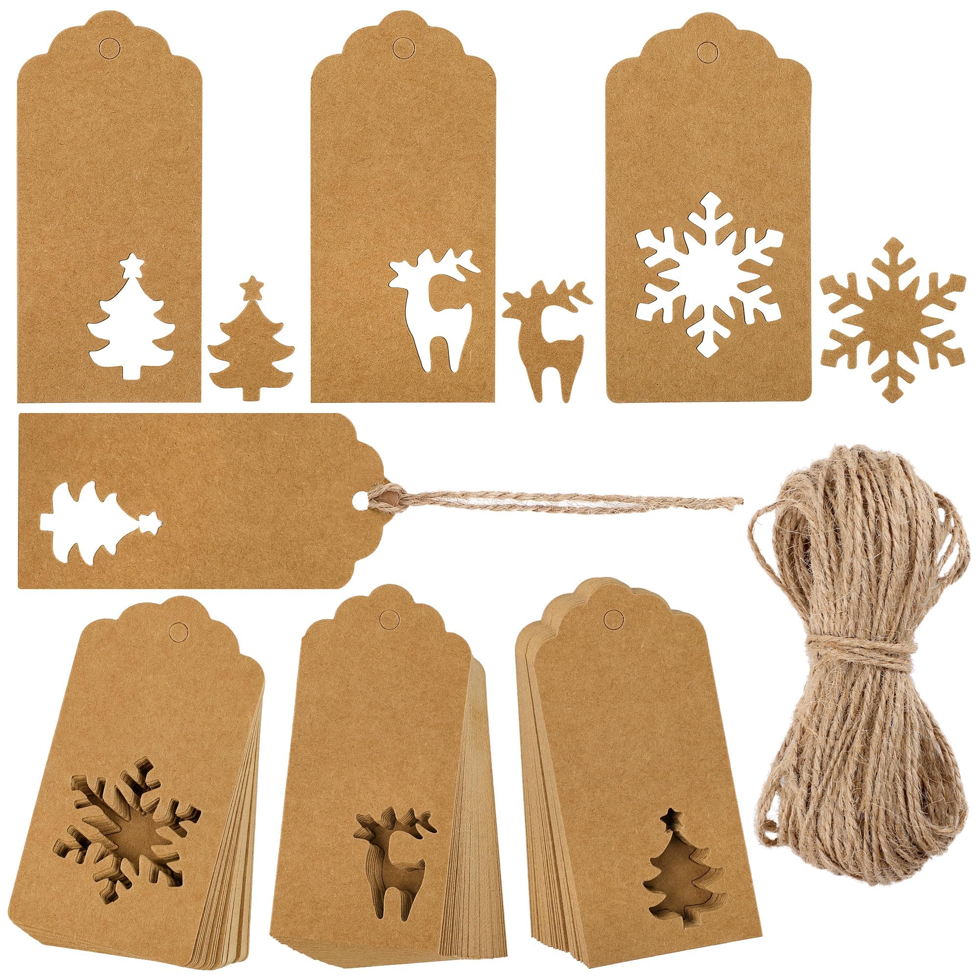 150-Piece Christmas Gift Tags Set - Brown Kraft Hang Tags with Snowflake & Reindeer Designs + 30M Jute Twine for DIY Holiday Wrapping, Present Labeling & Christmas Tree Decorations | Perfect for Gift Packaging, Party Favors & Festive Crafts
