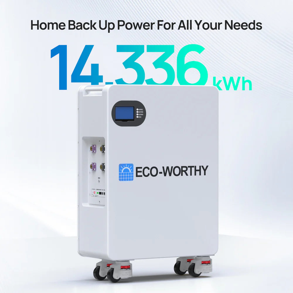 ECO WORTHY 51.2V 280Ah LiFePO4 Floor Standing Battery with 4 Nylon Wheels - Reliable Off Grid Solar Power Storage for Home, RV & Cabin - Perfect for Emergency Backup & Renewable Energy Systems