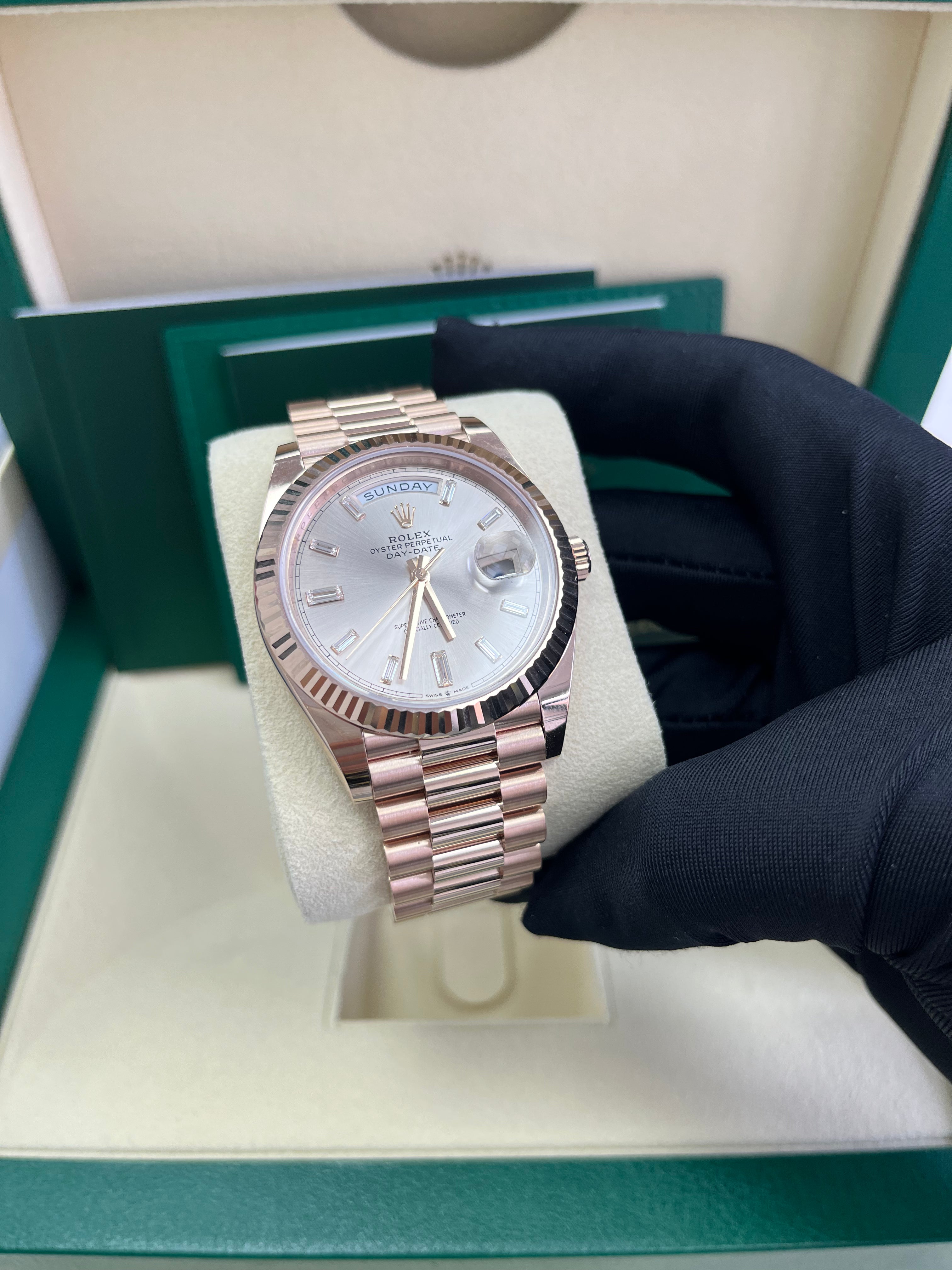 Rolex Day Date 40 Watch - 18K Yellow Gold, Fluted Bezel, Sundust Baguette Diamond Dial, President Bracelet 228235 | Luxury Dress Watch for Business & Formal Occasions